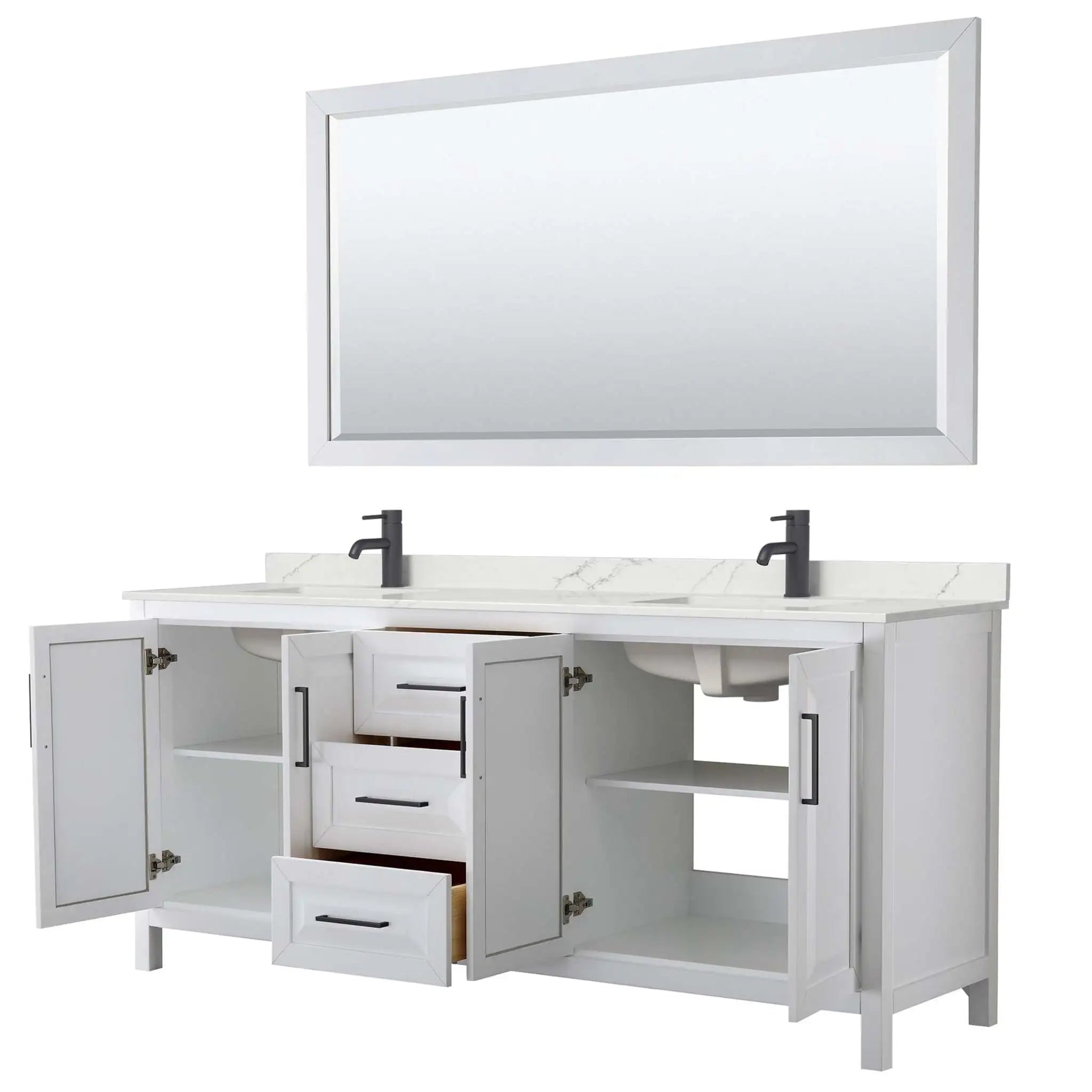 80" Daria Double Bathroom Vanity in White with Matte Black Trim & 70" Mirror by Wyndham