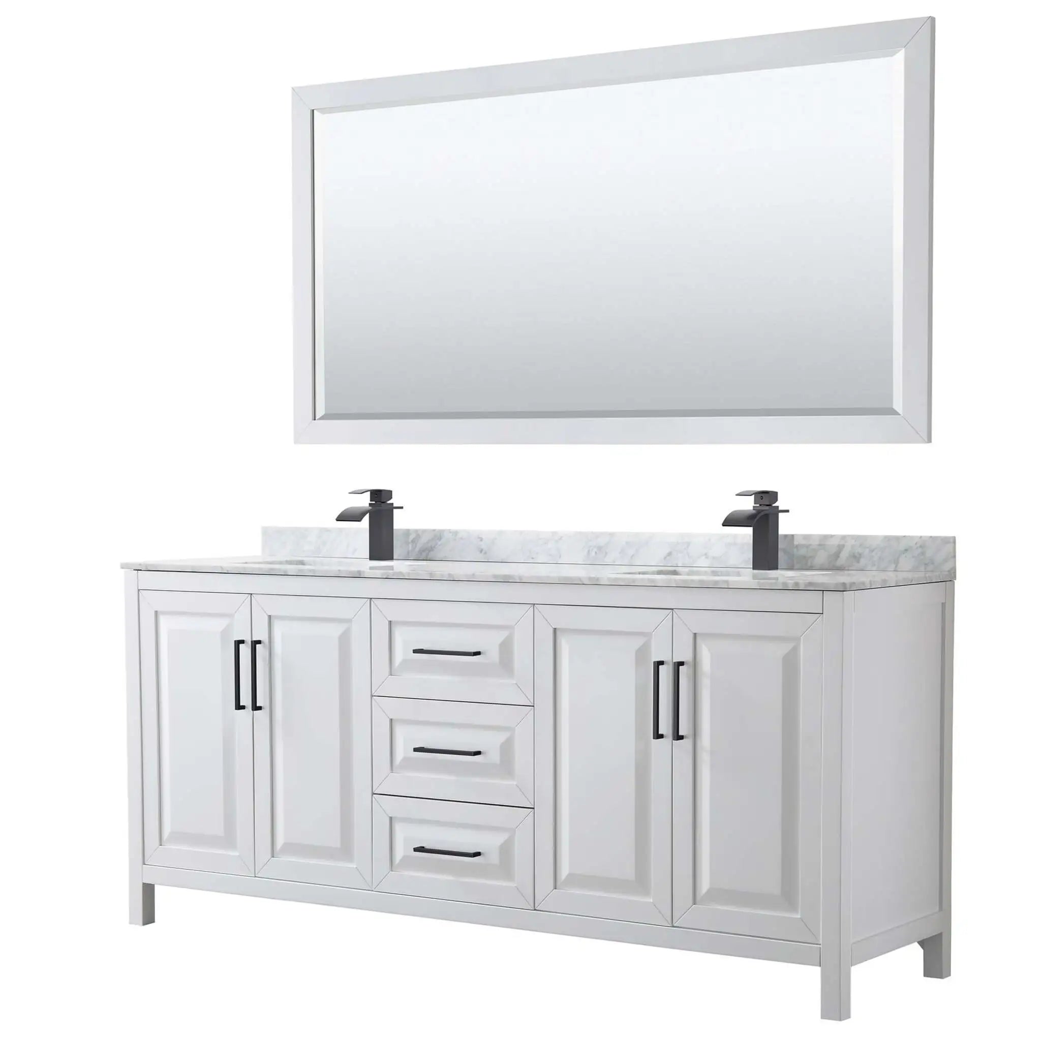 80" Daria Double Bathroom Vanity in White with Matte Black Trim & 70" Mirror by Wyndham