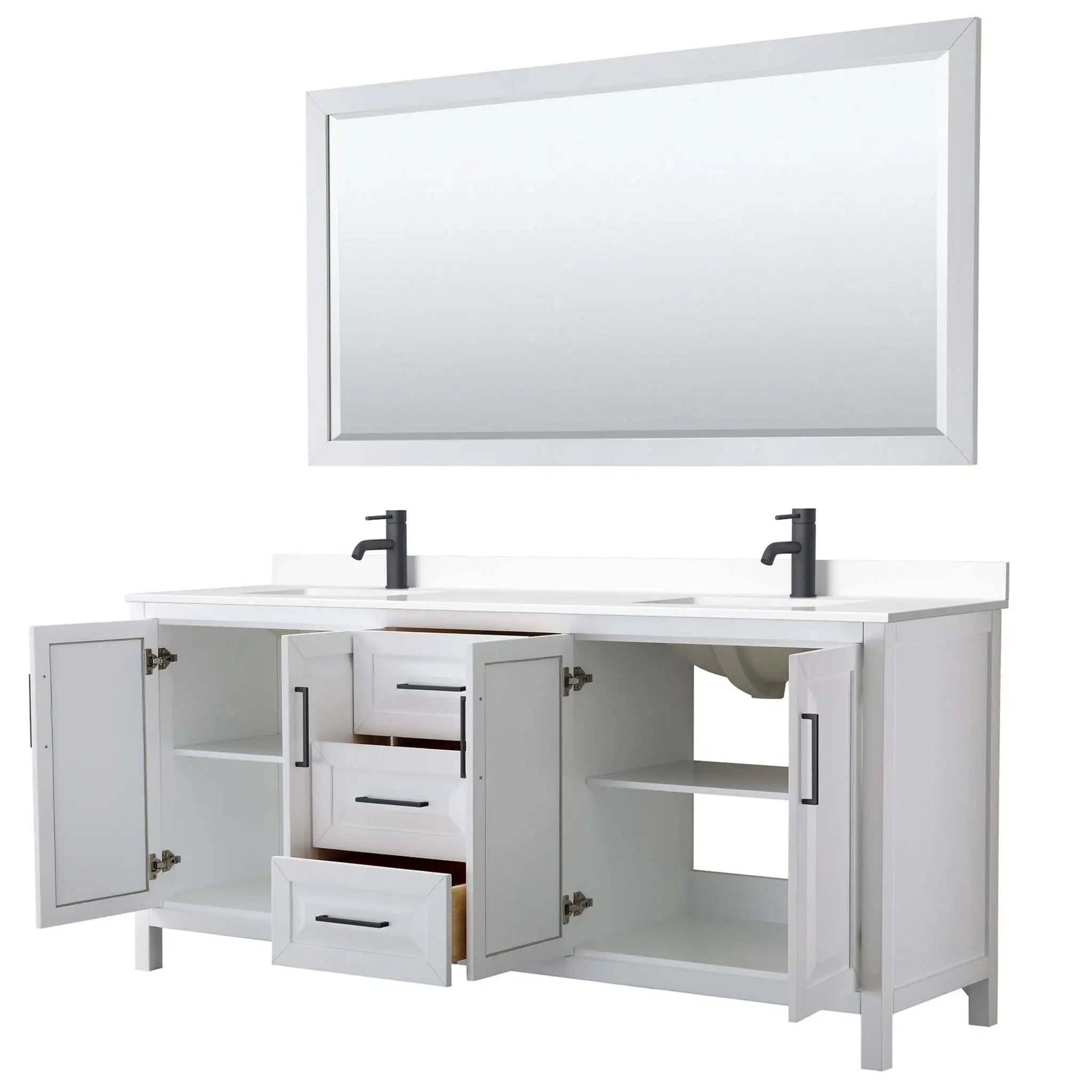80" Daria Double Bathroom Vanity in White with Matte Black Trim & 70" Mirror by Wyndham