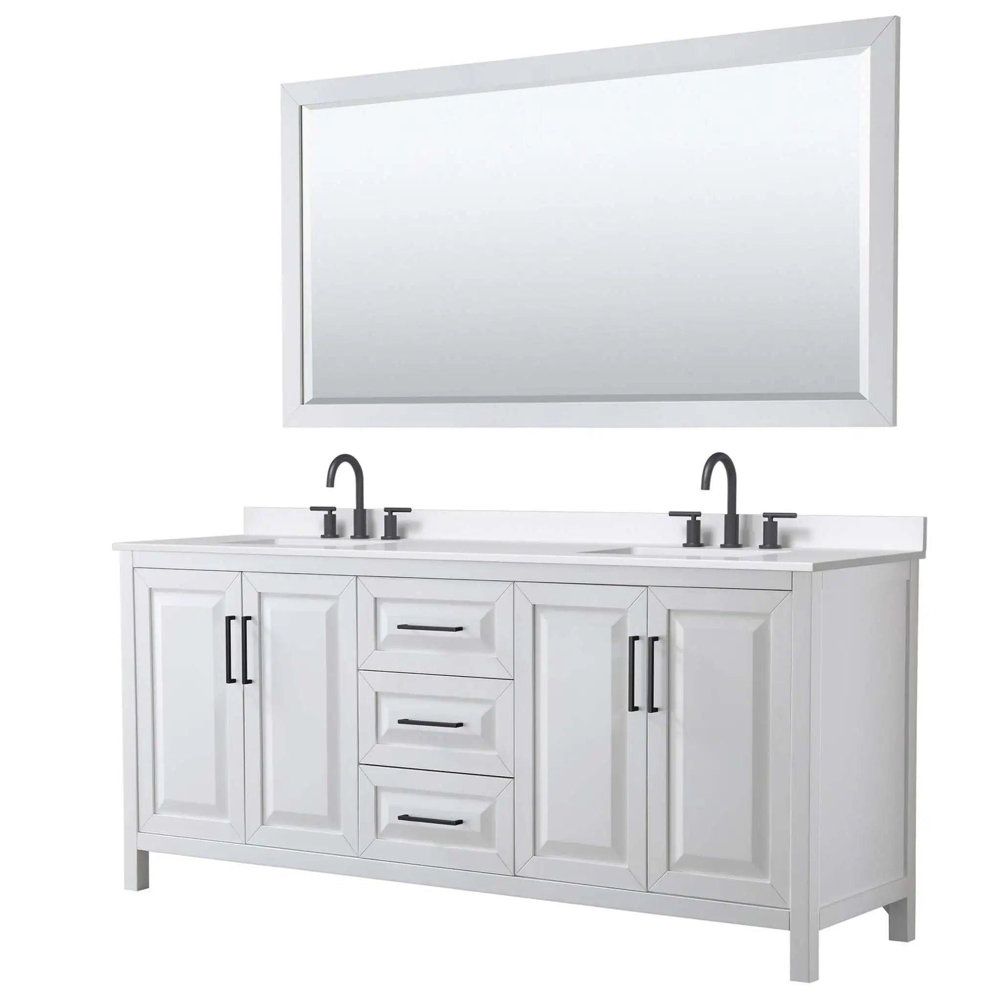 80" Daria Double Bathroom Vanity in White with Matte Black Trim & 70" Mirror by Wyndham