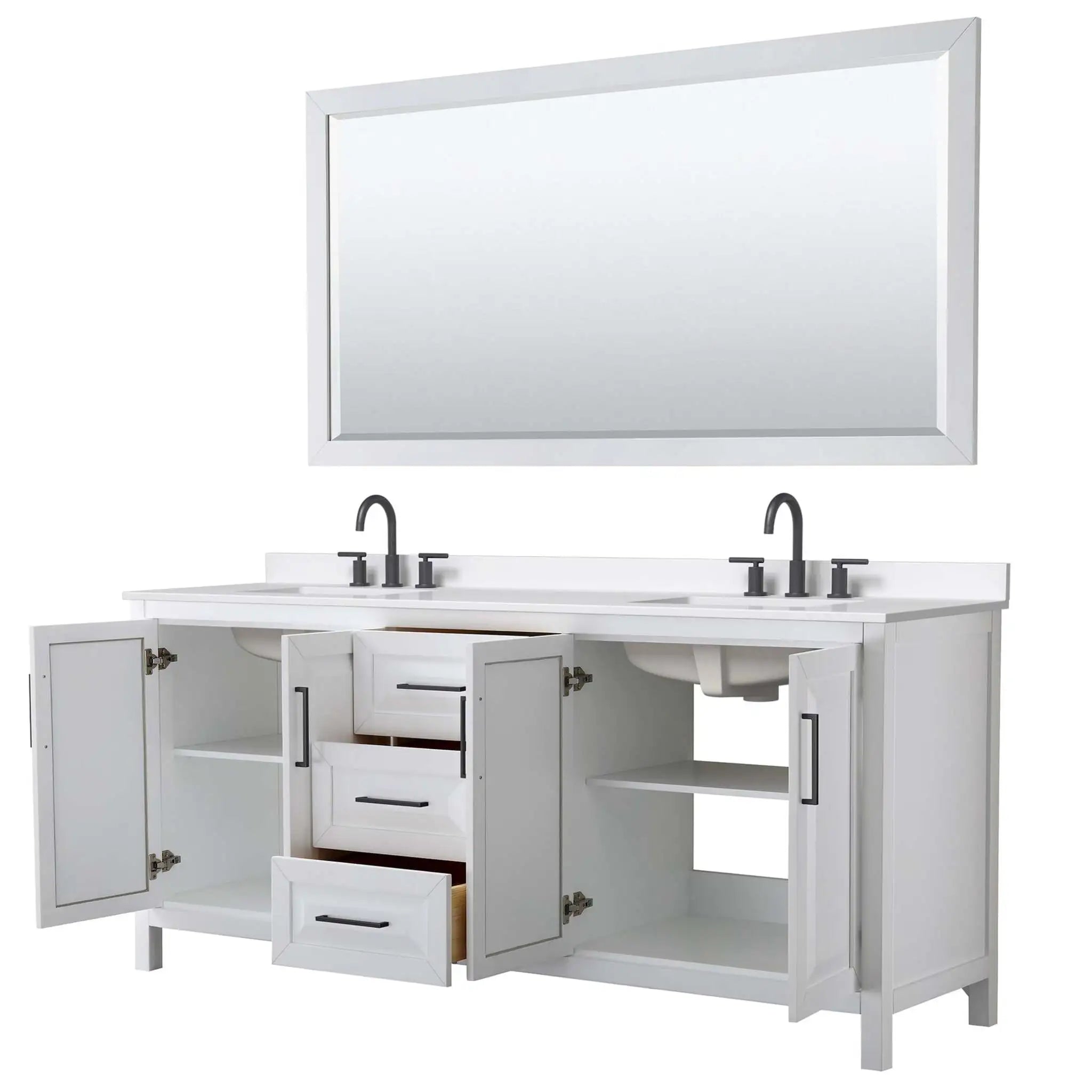 80" Daria Double Bathroom Vanity in White with Matte Black Trim & 70" Mirror by Wyndham
