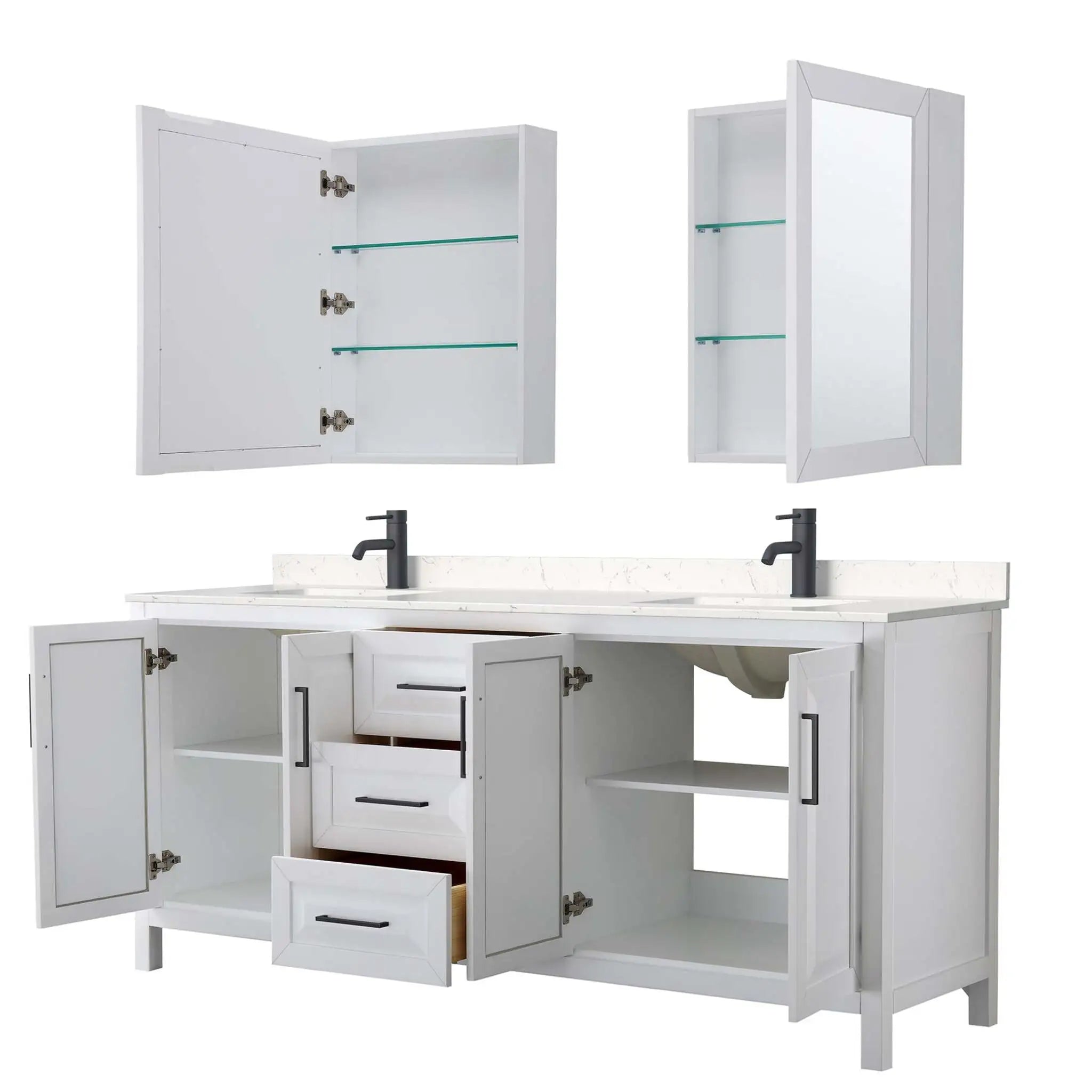80" Daria Double Bathroom Vanity in White with Matte Black Trim & Medicine Cabinet by Wyndham