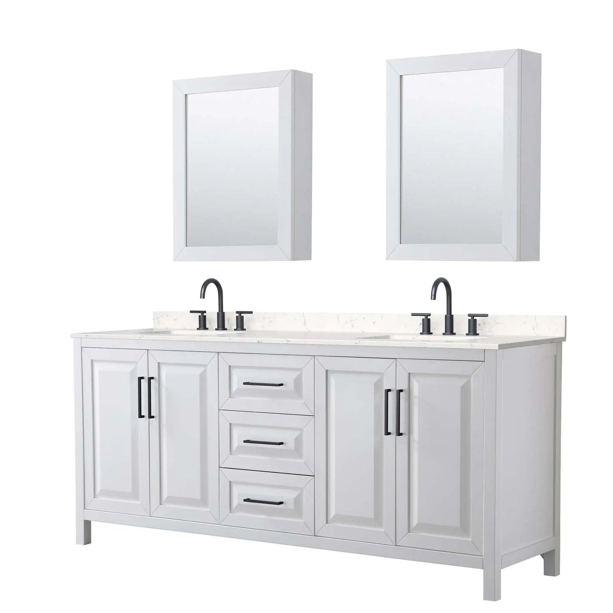 80" Daria Double Bathroom Vanity in White with Matte Black Trim & Medicine Cabinet by Wyndham