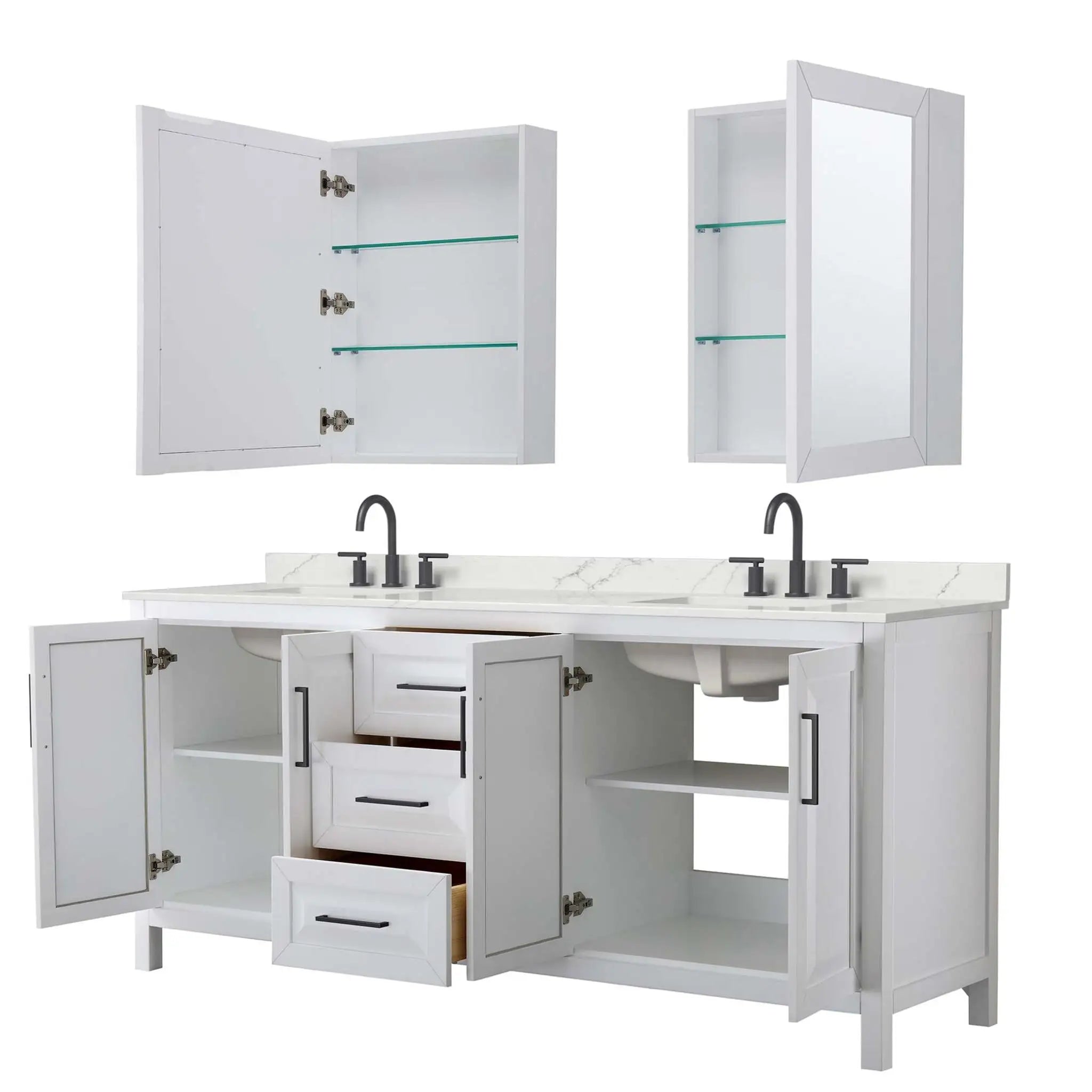80" Daria Double Bathroom Vanity in White with Matte Black Trim & Medicine Cabinet by Wyndham