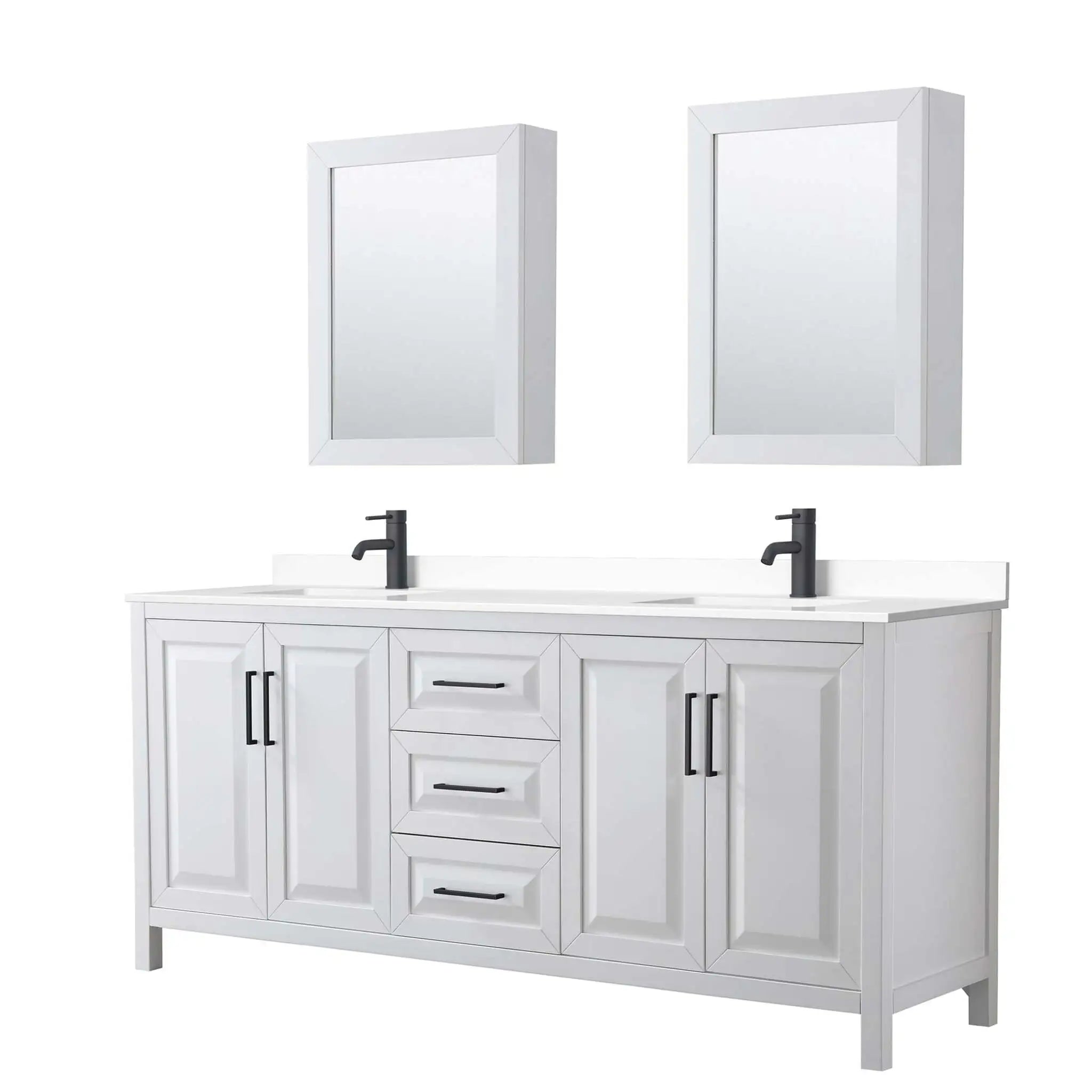 80" Daria Double Bathroom Vanity in White with Matte Black Trim & Medicine Cabinet by Wyndham