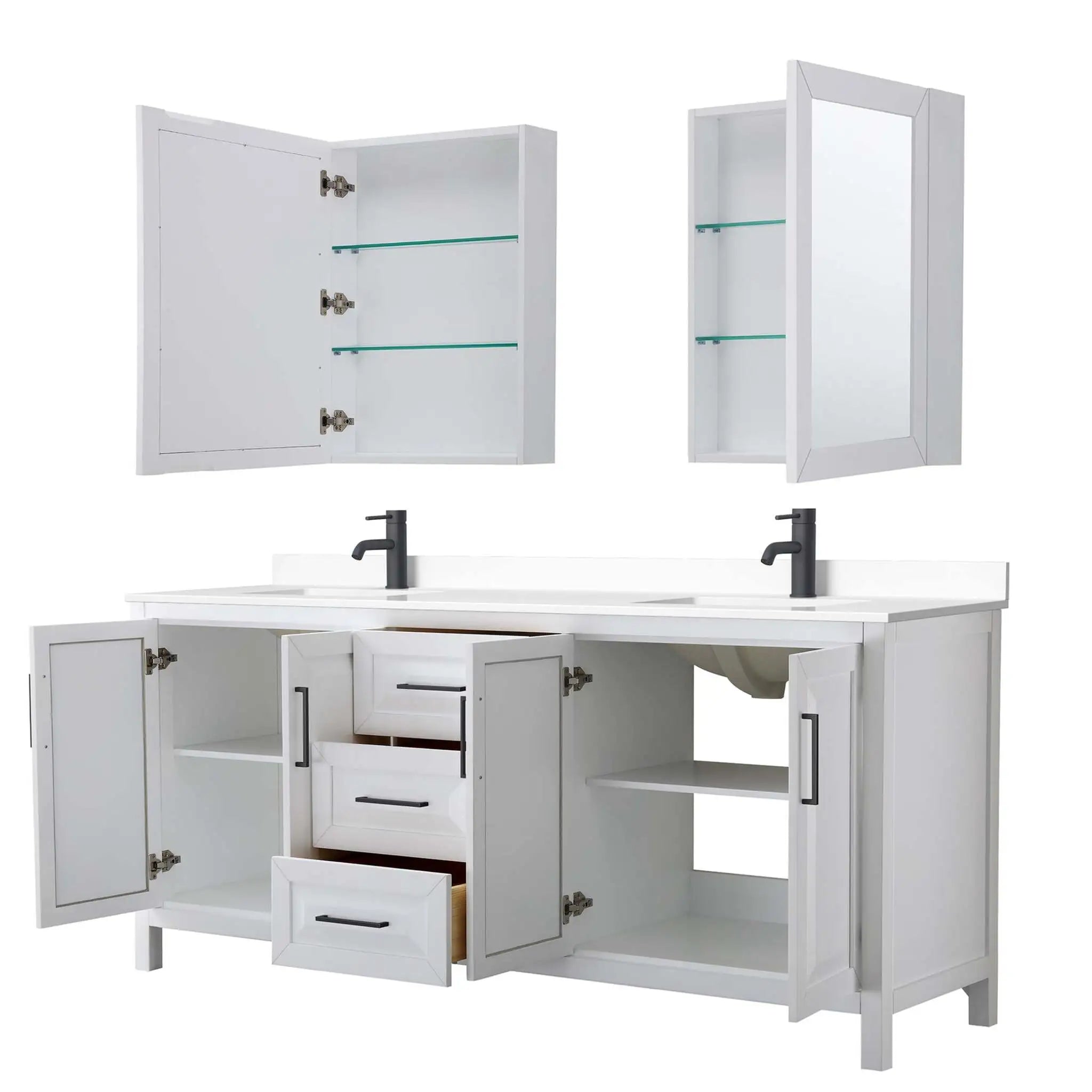 80" Daria Double Bathroom Vanity in White with Matte Black Trim & Medicine Cabinet by Wyndham