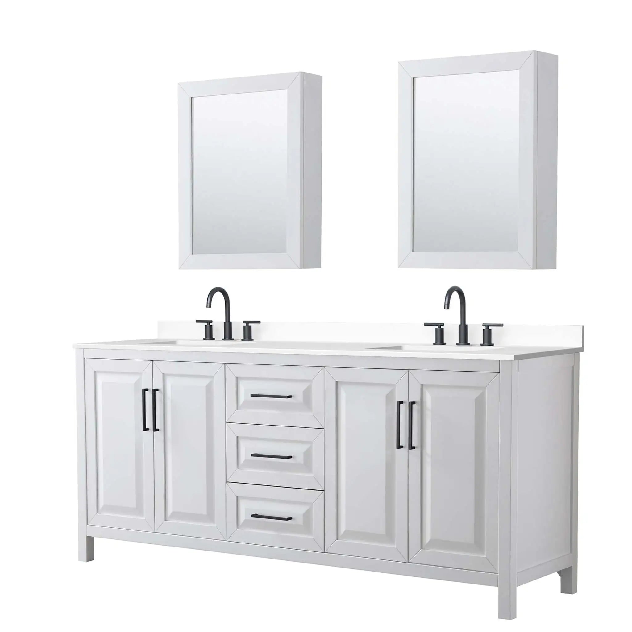 80" Daria Double Bathroom Vanity in White with Matte Black Trim & Medicine Cabinet by Wyndham