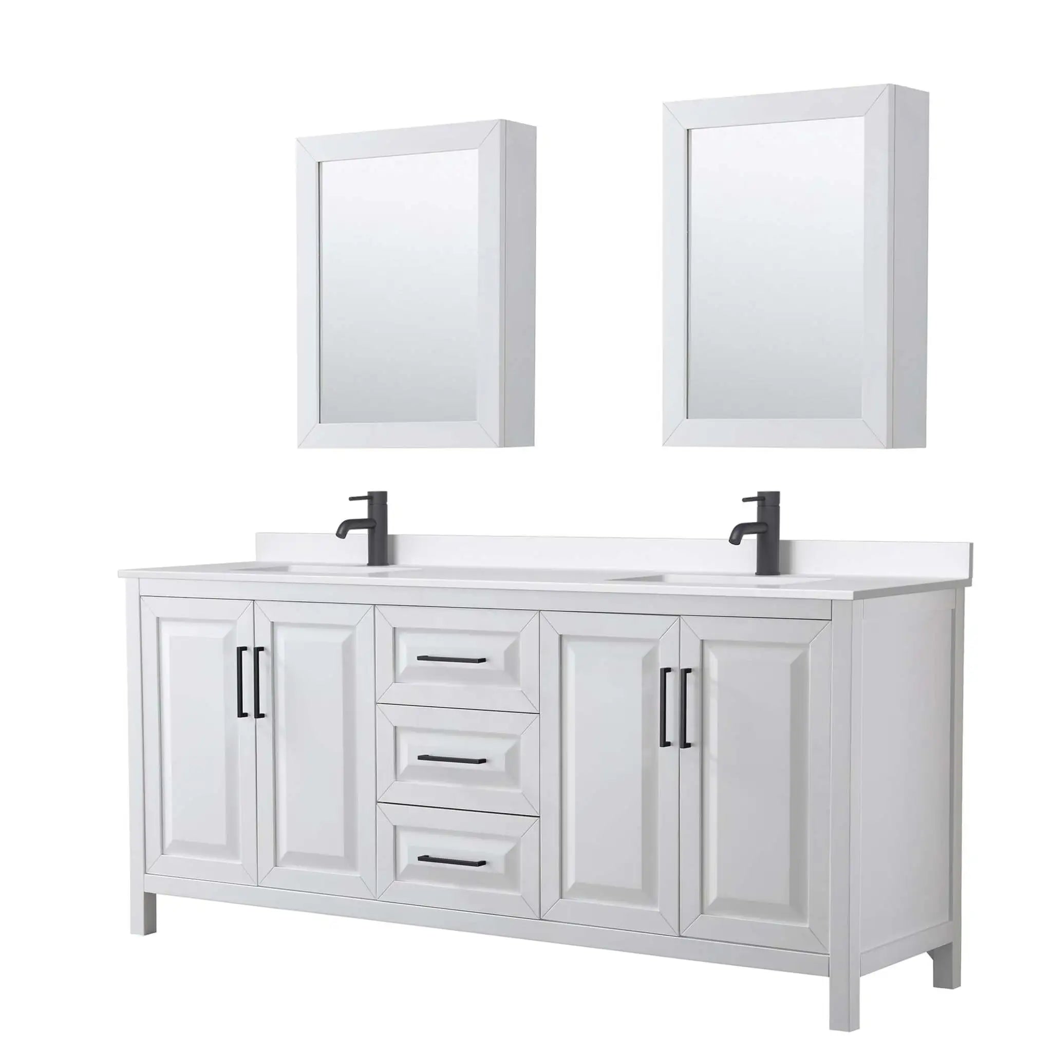 80" Daria Double Bathroom Vanity in White with Matte Black Trim & Medicine Cabinet by Wyndham