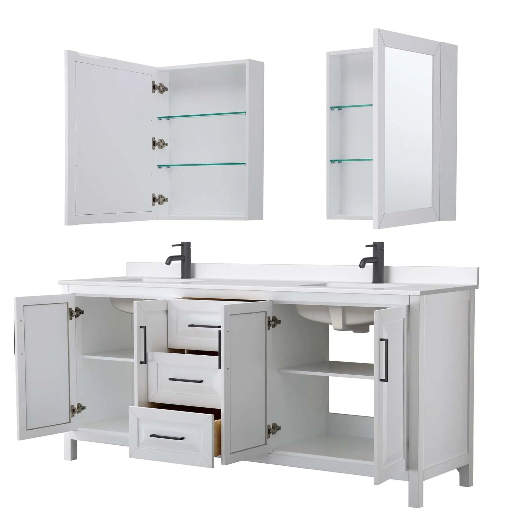 80" Daria Double Bathroom Vanity in White with Matte Black Trim & Medicine Cabinet by Wyndham