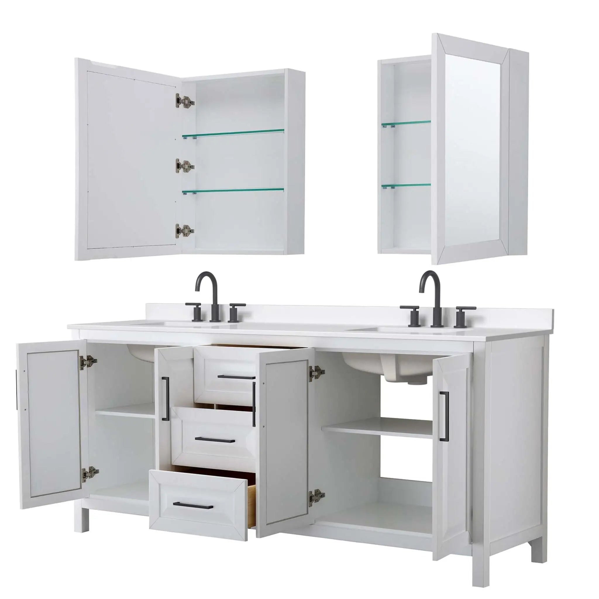 80" Daria Double Bathroom Vanity in White with Matte Black Trim & Medicine Cabinet by Wyndham