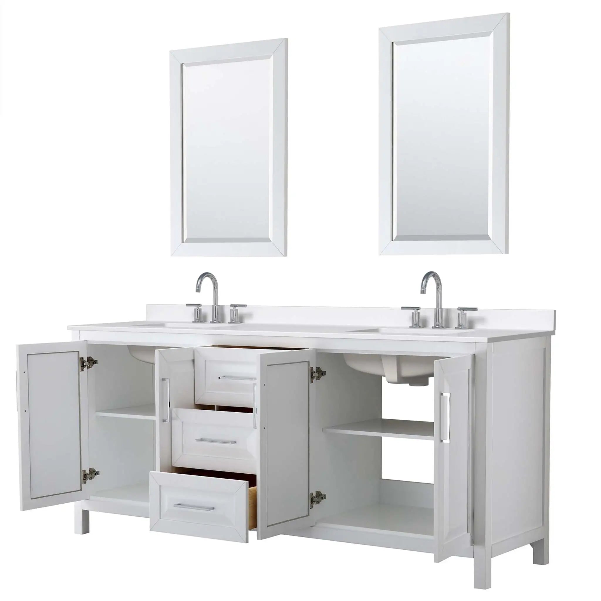 80" Daria Double Bathroom Vanity in White with Polished Chrome Trim & 24" Mirror by Wyndham