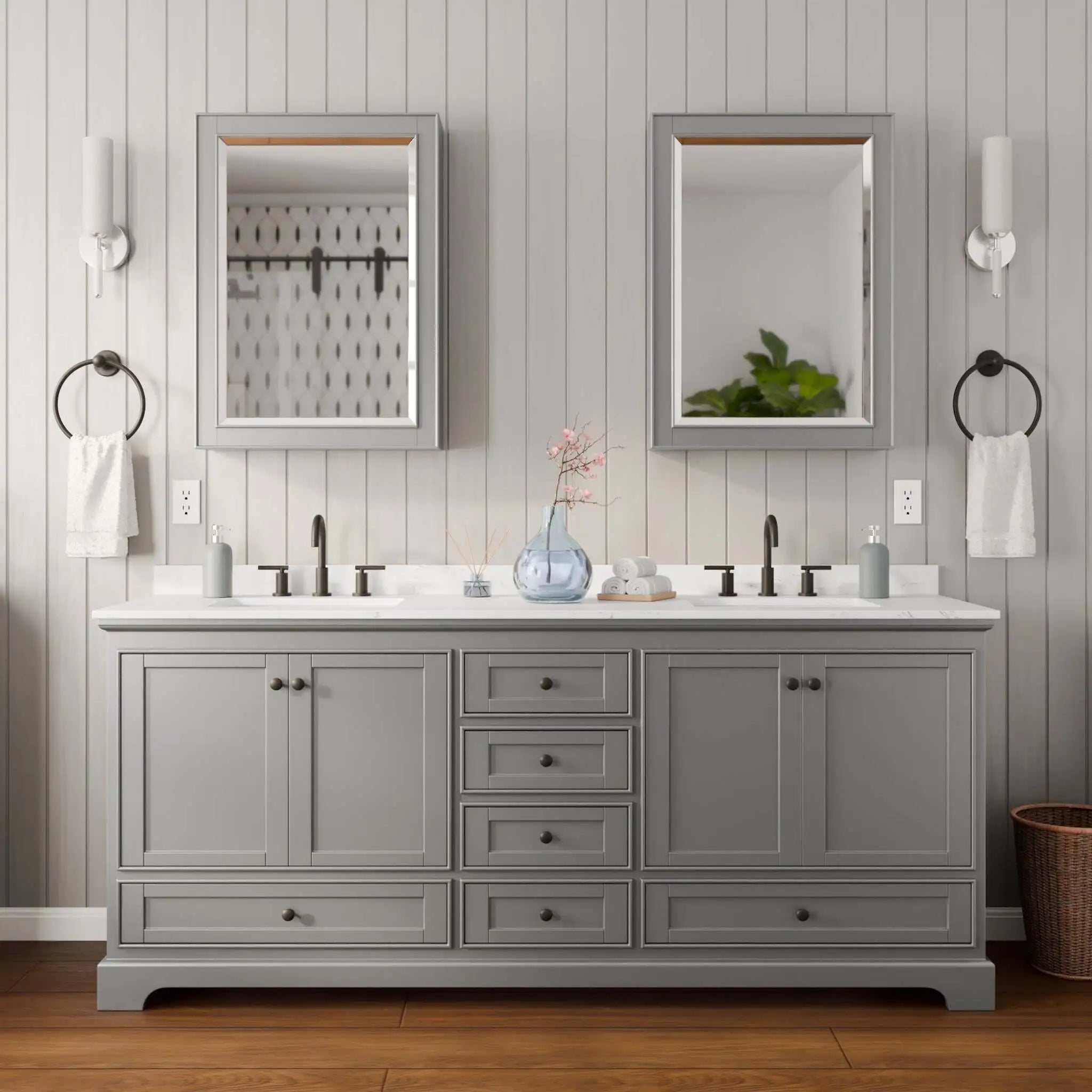 80" Deborah Double Bathroom Vanity in Dark Gray with Matte Black Trim & Medicine Cabinet by Wyndham