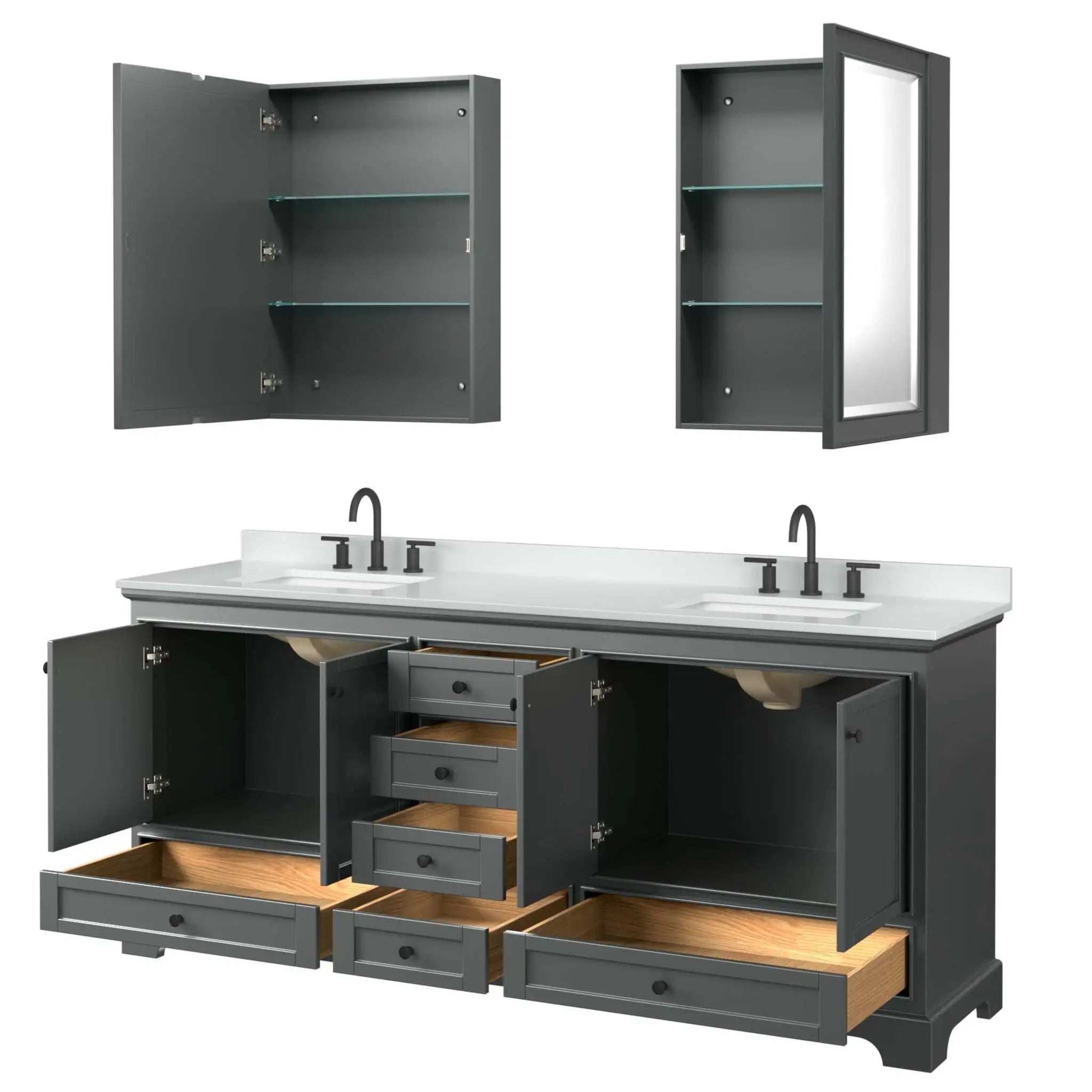 80" Deborah Double Bathroom Vanity in Dark Gray with Matte Black Trim & Medicine Cabinet by Wyndham