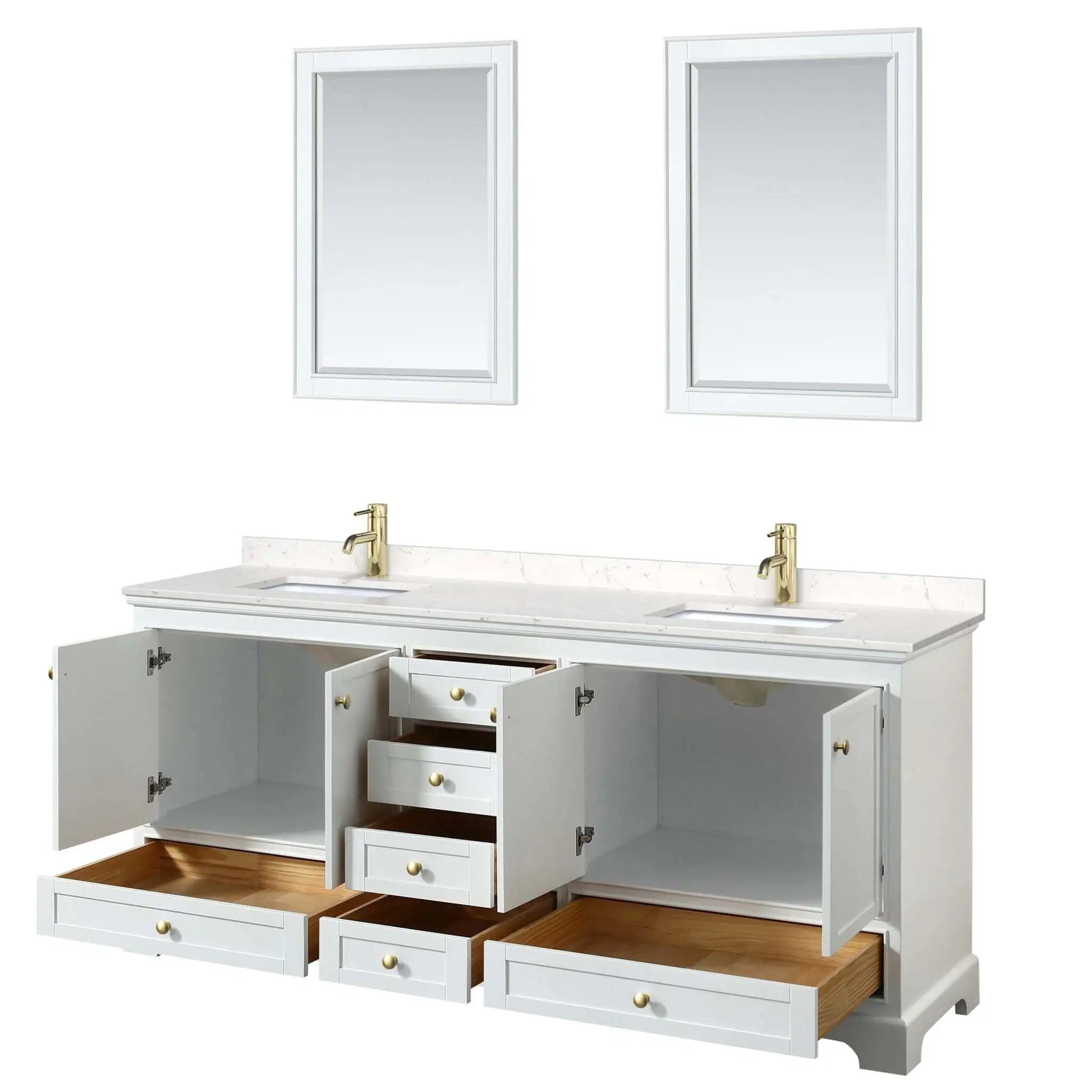 80" Deborah Double Bathroom Vanity in White with Brushed Gold Trim & 24" Mirror by Wyndham