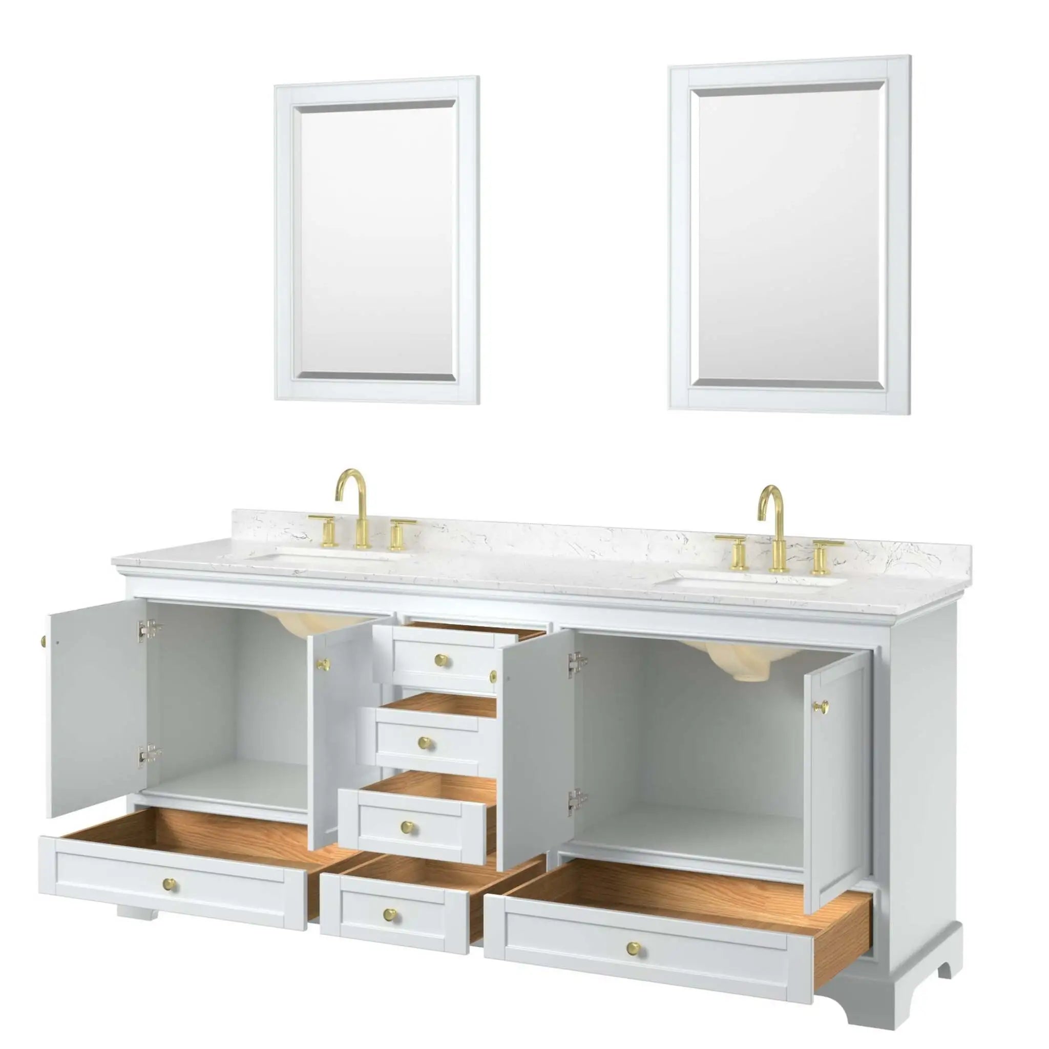 80" Deborah Double Bathroom Vanity in White with Brushed Gold Trim & 24" Mirror by Wyndham