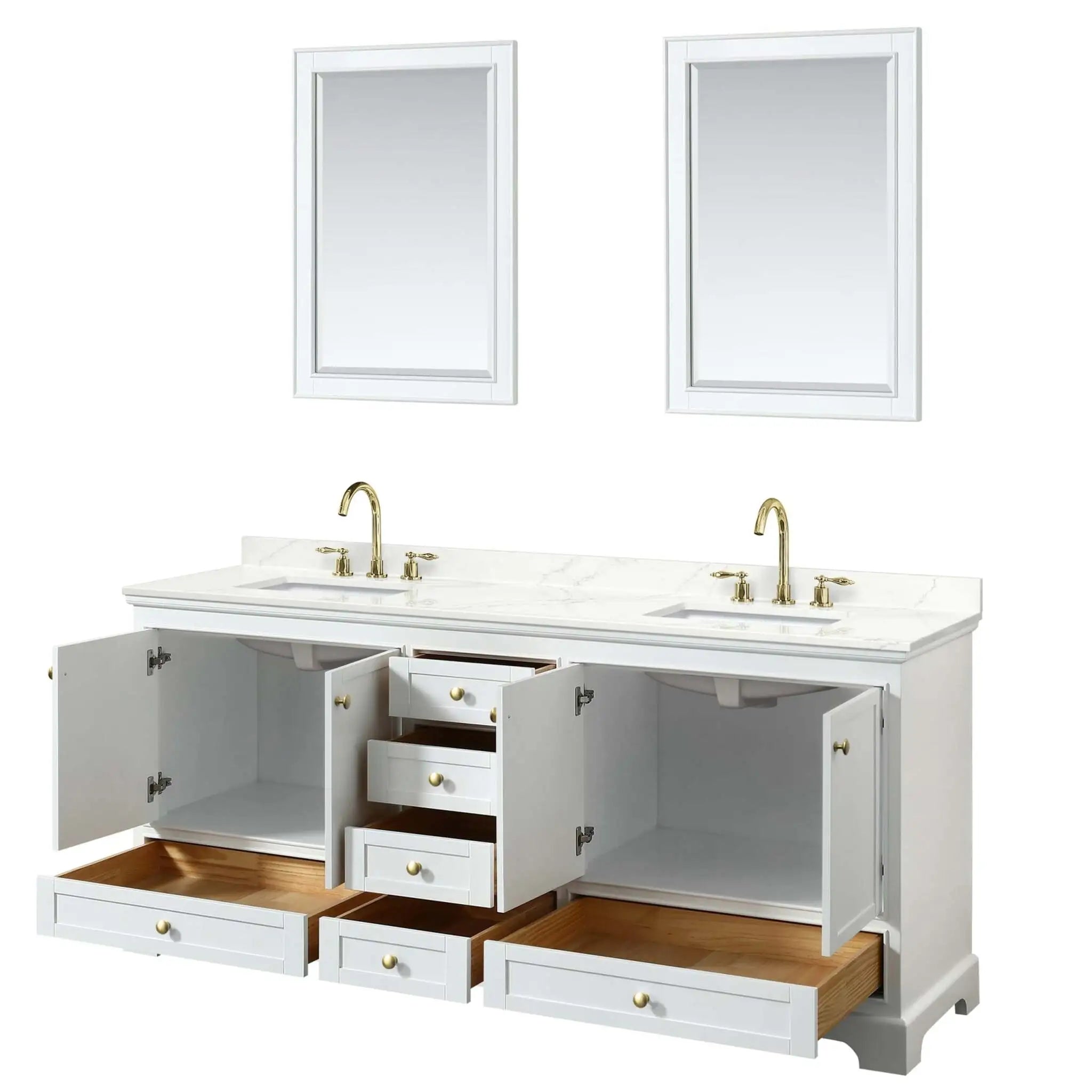 80" Deborah Double Bathroom Vanity in White with Brushed Gold Trim & 24" Mirror by Wyndham