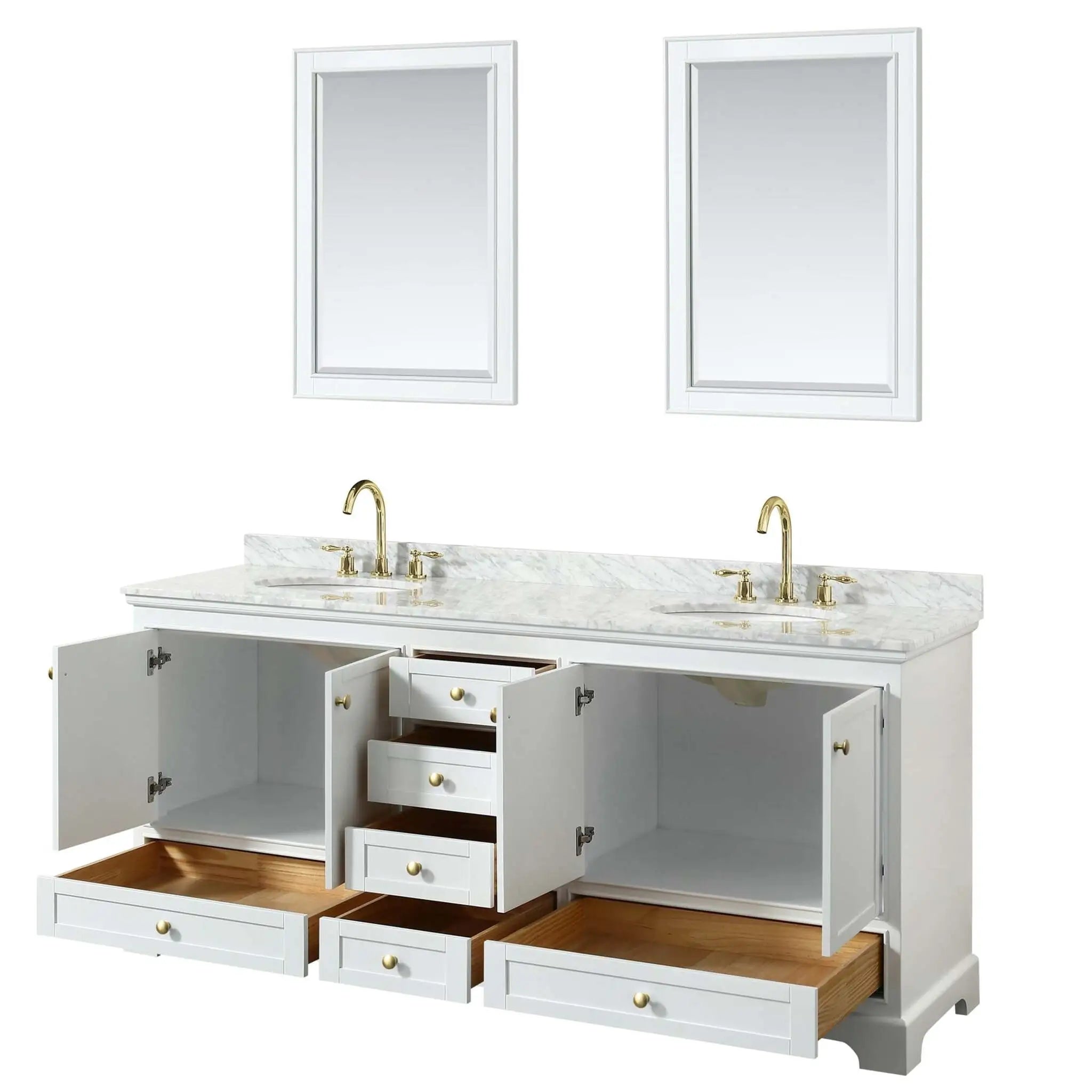 80" Deborah Double Bathroom Vanity in White with Brushed Gold Trim & 24" Mirror by Wyndham