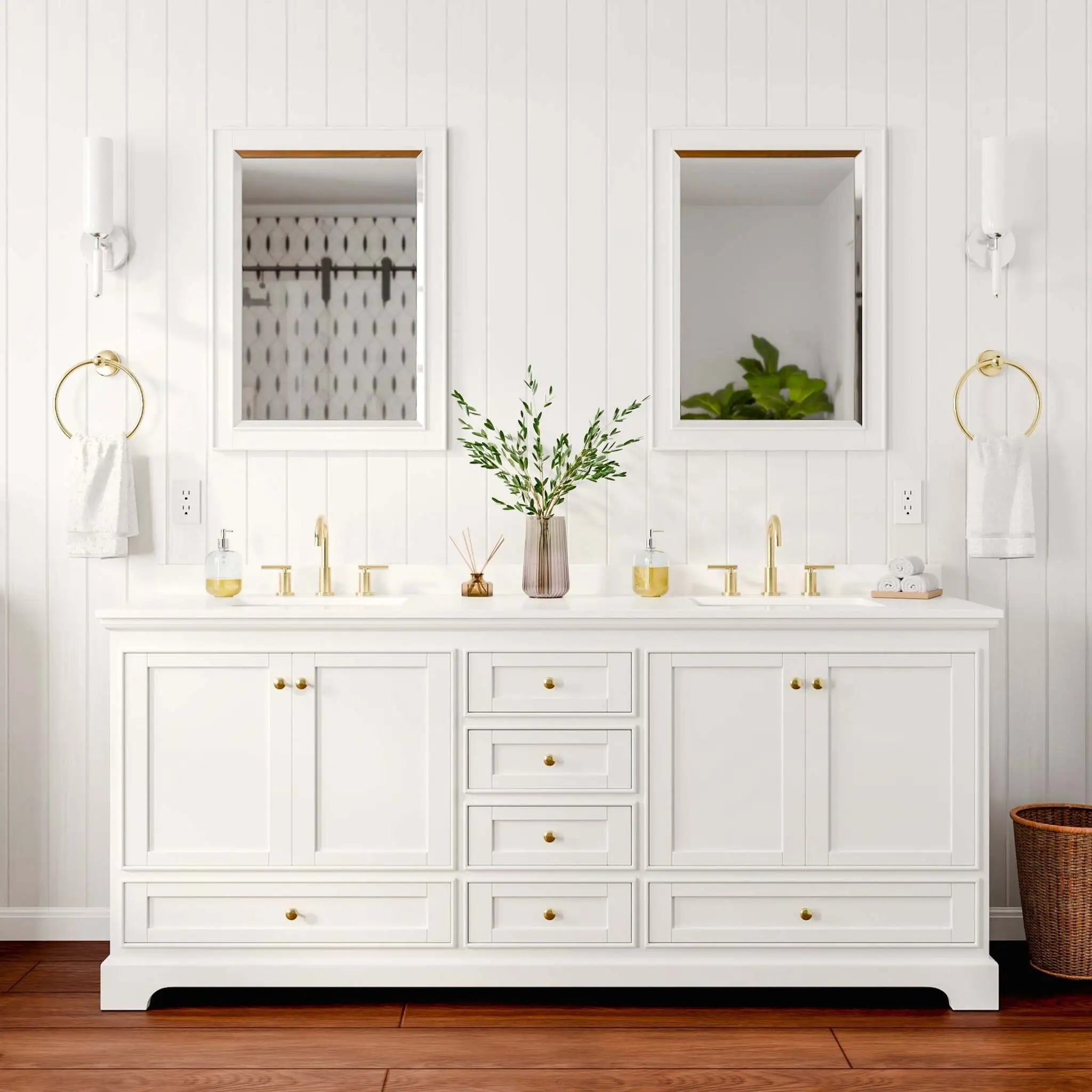 80" Deborah Double Bathroom Vanity in White with Brushed Gold Trim & 24" Mirror by Wyndham