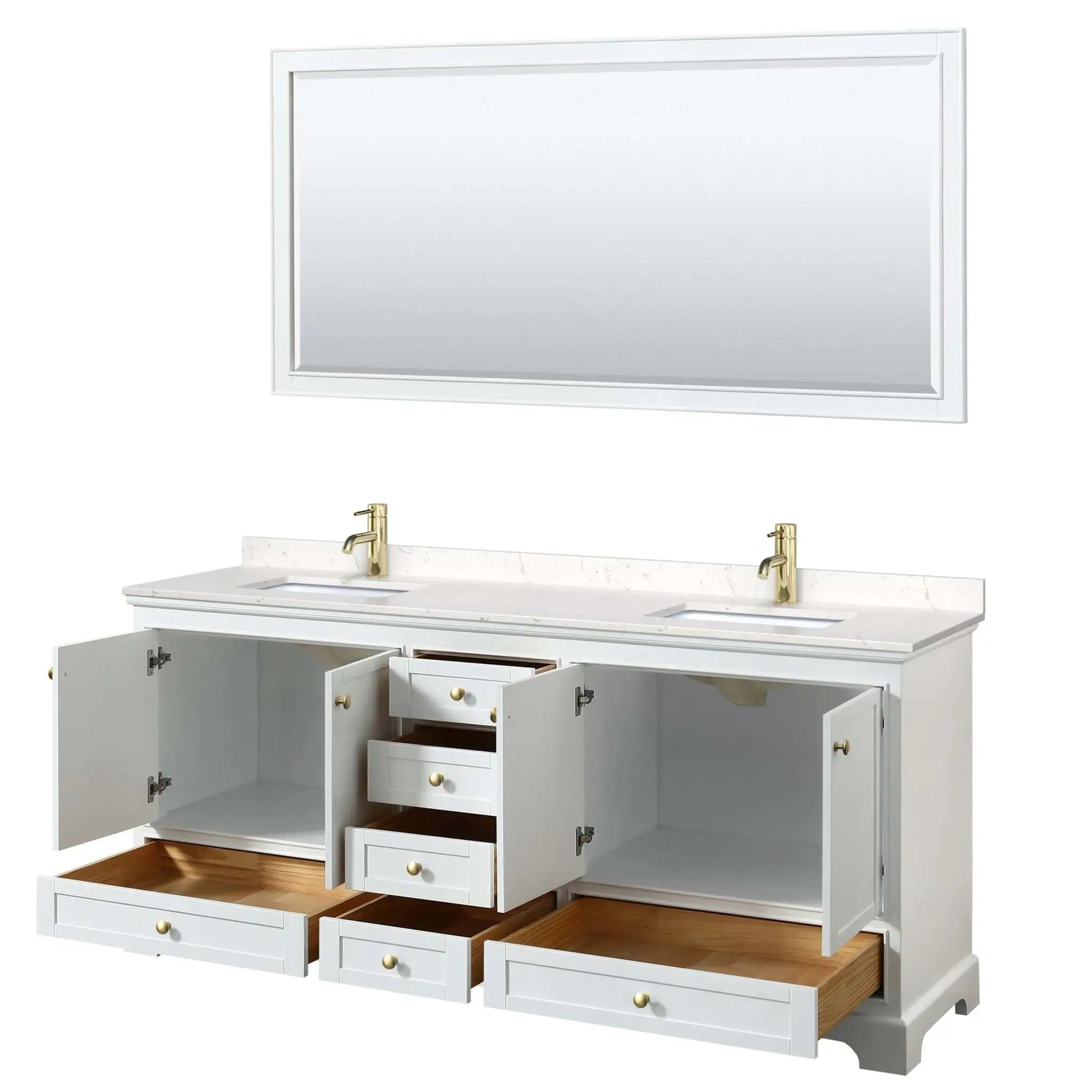 80" Deborah Double Bathroom Vanity in White with Brushed Gold Trim & 70" Mirror by Wyndham