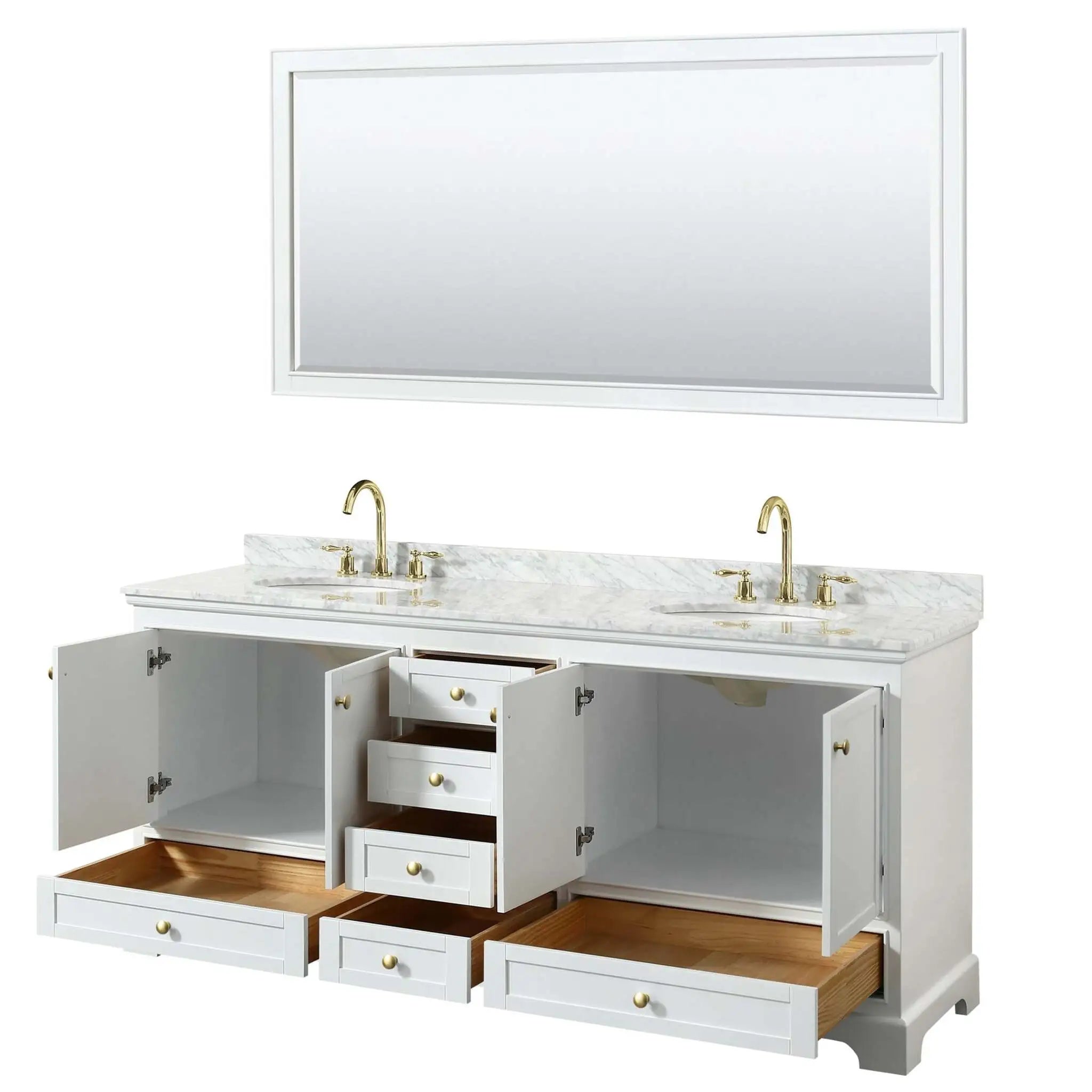 80" Deborah Double Bathroom Vanity in White with Brushed Gold Trim & 70" Mirror by Wyndham
