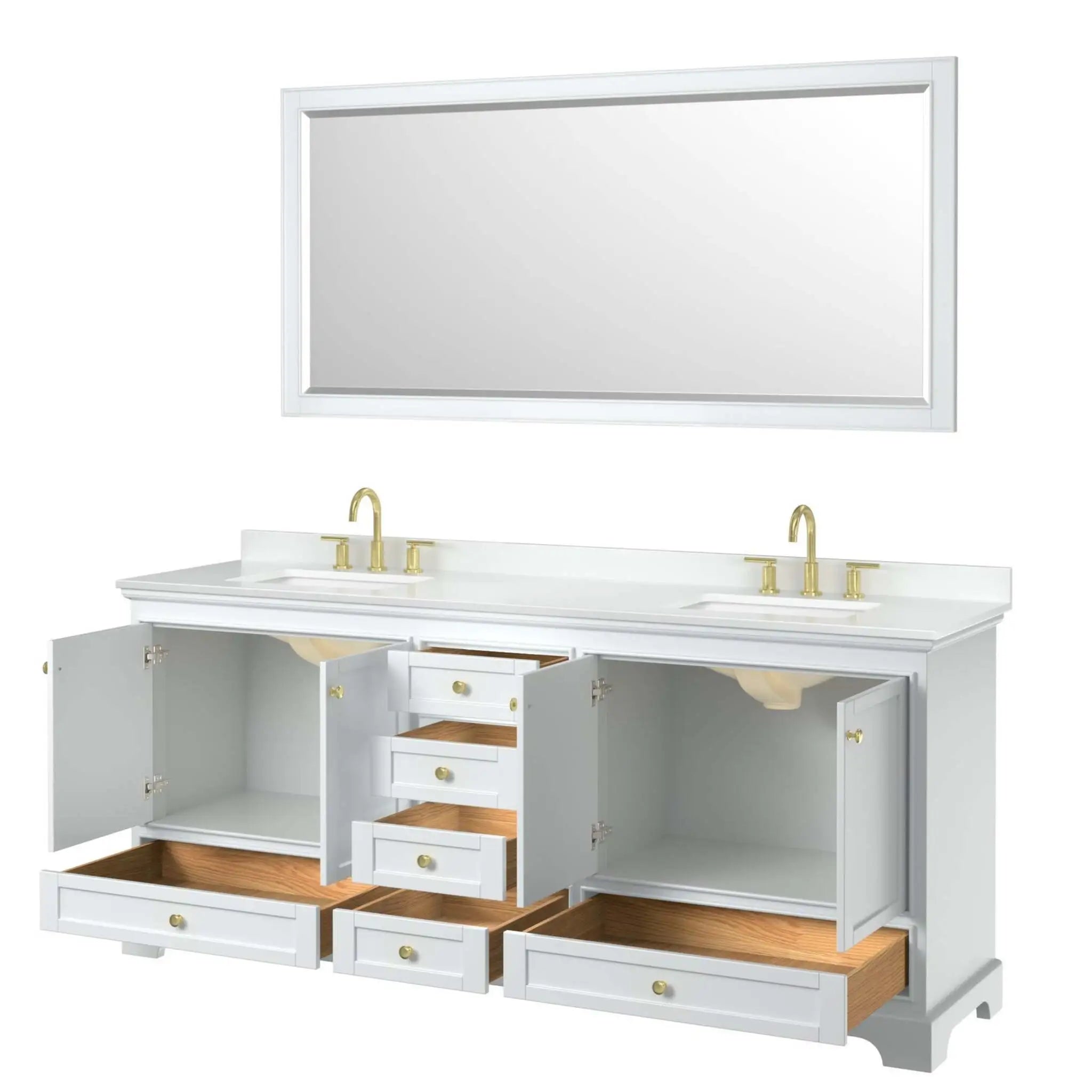 80" Deborah Double Bathroom Vanity in White with Brushed Gold Trim & 70" Mirror by Wyndham