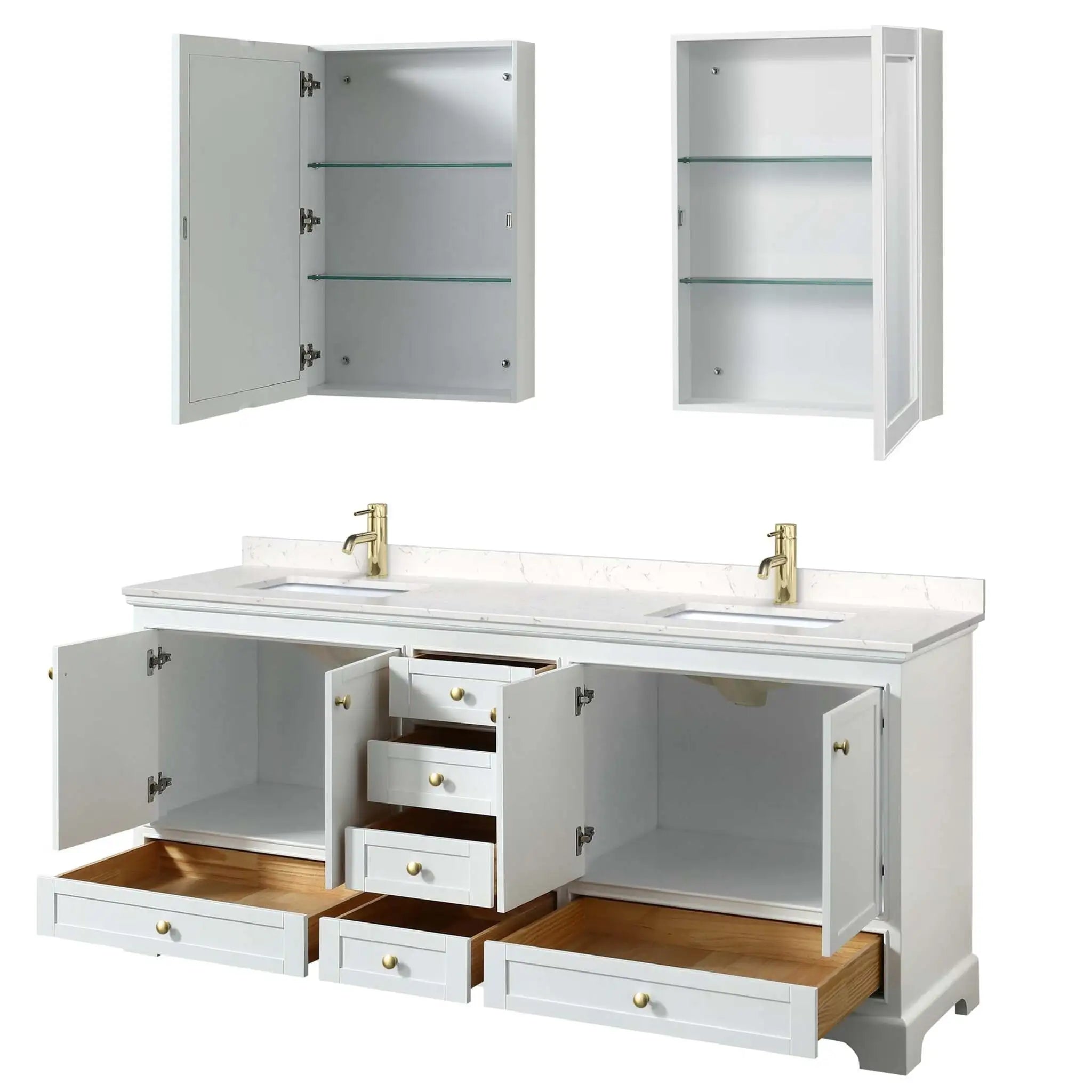 80" Deborah Double Bathroom Vanity in White with Brushed Gold Trim & Medicine Cabinet by Wyndham