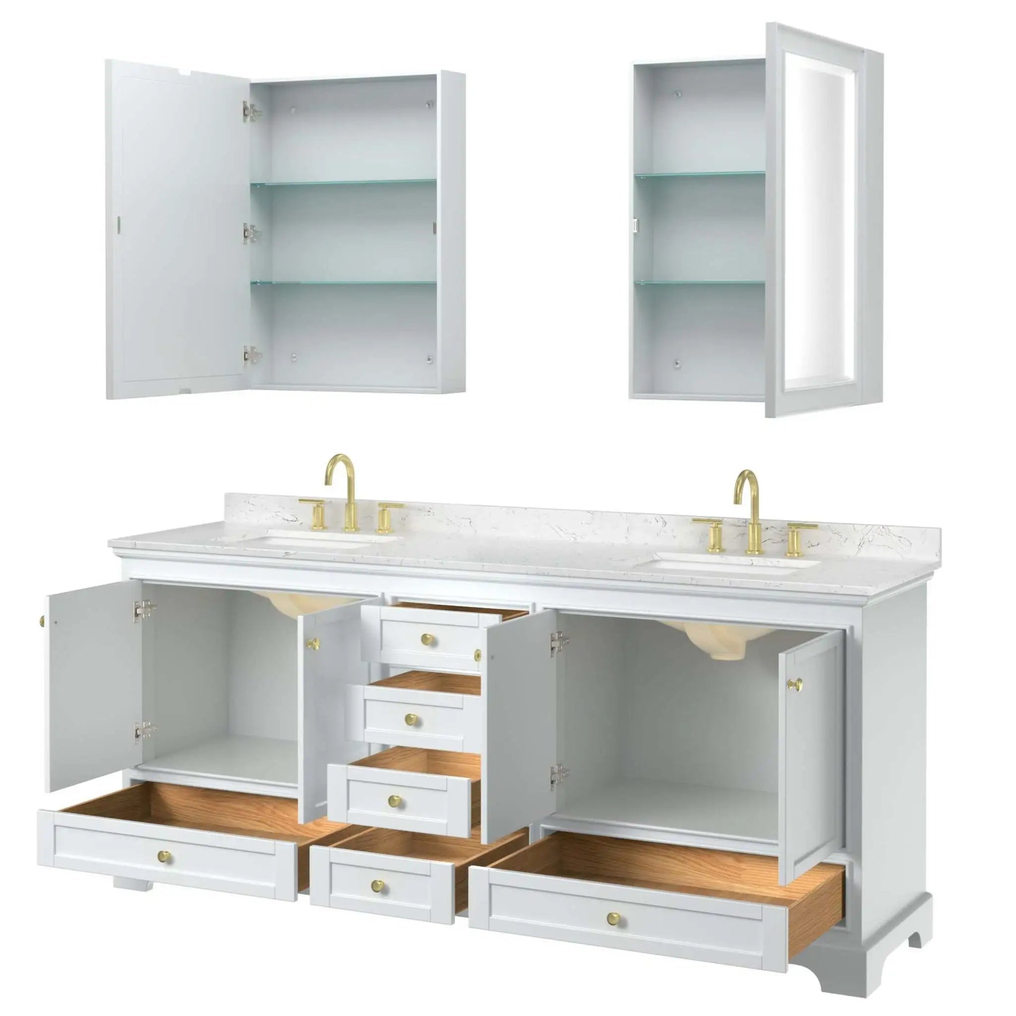 80" Deborah Double Bathroom Vanity in White with Brushed Gold Trim & Medicine Cabinet by Wyndham