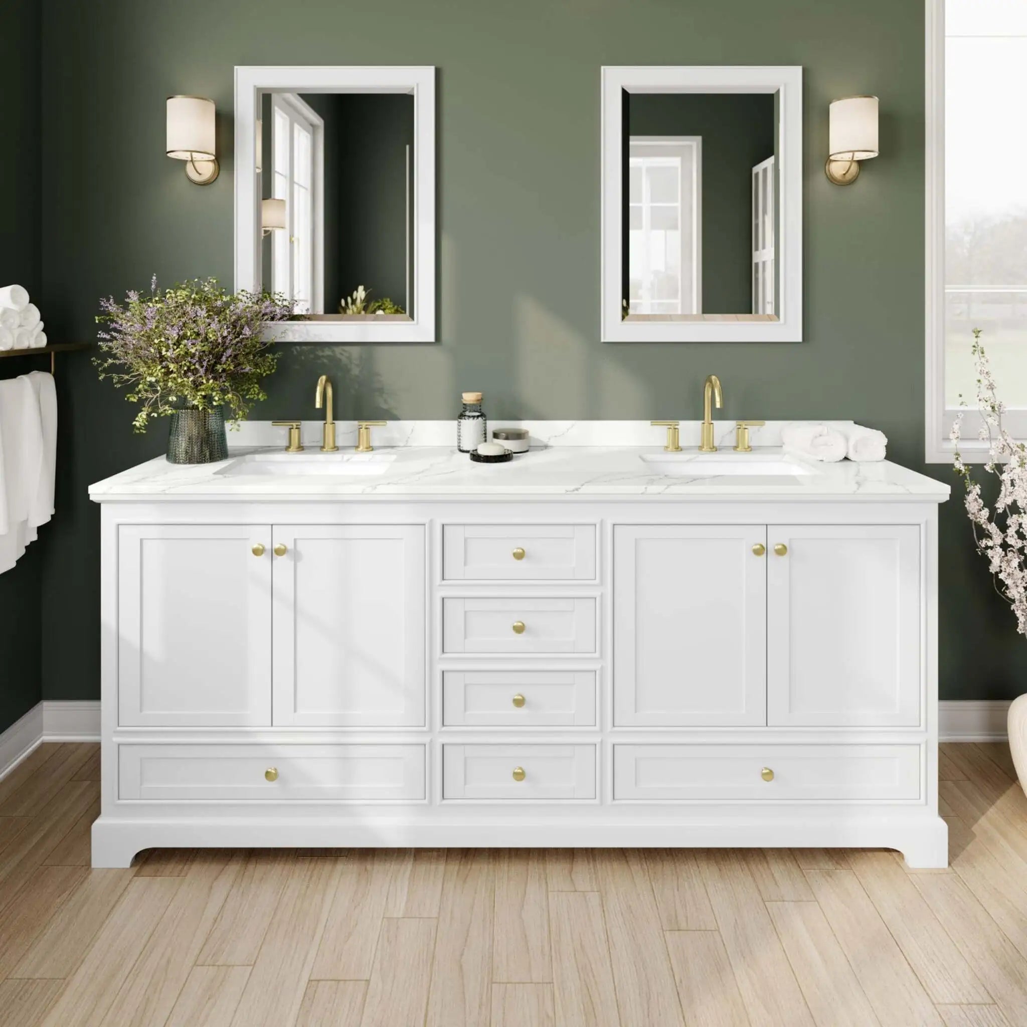 80" Deborah Double Bathroom Vanity in White with Brushed Gold Trim & Medicine Cabinet by Wyndham