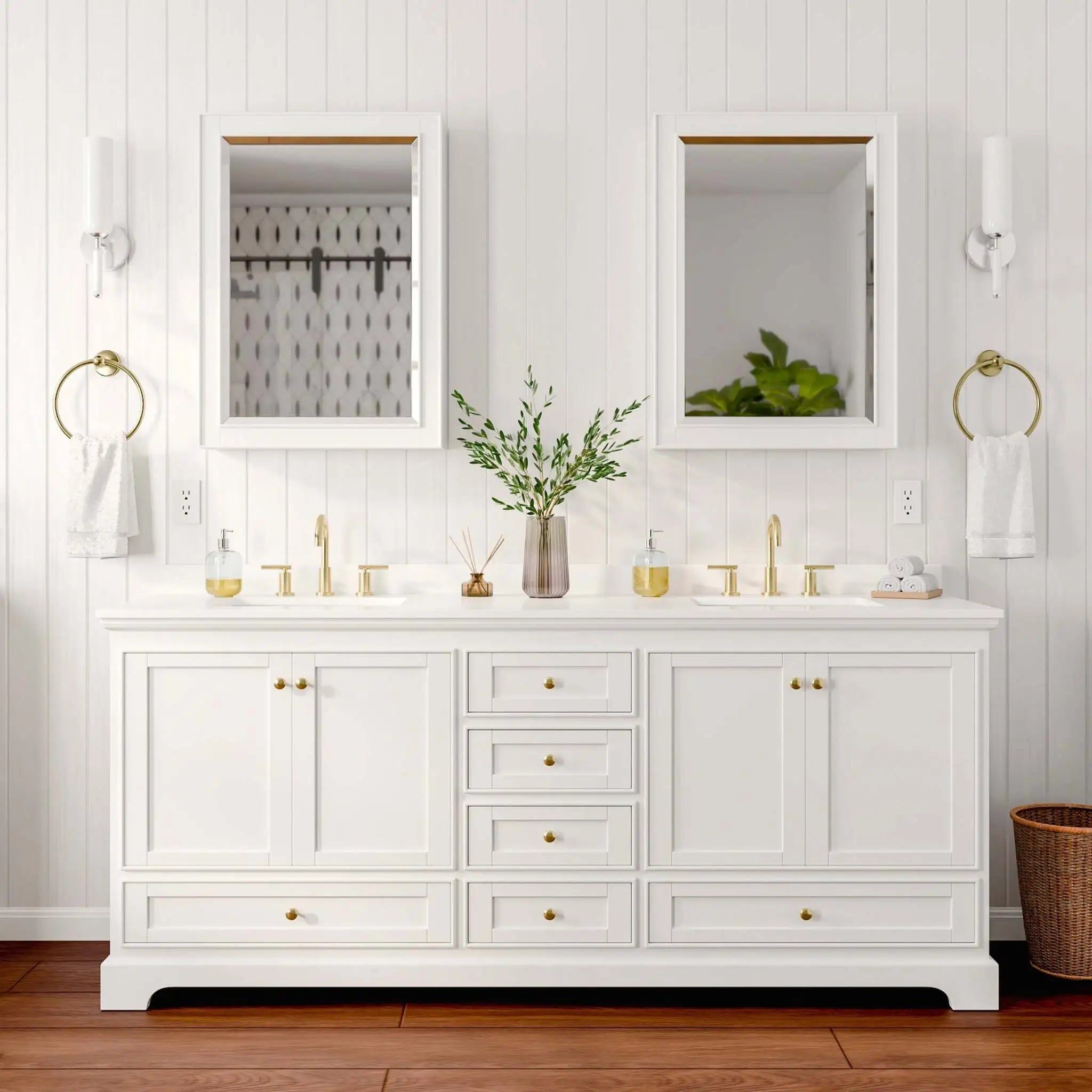 80" Deborah Double Bathroom Vanity in White with Brushed Gold Trim & Medicine Cabinet by Wyndham