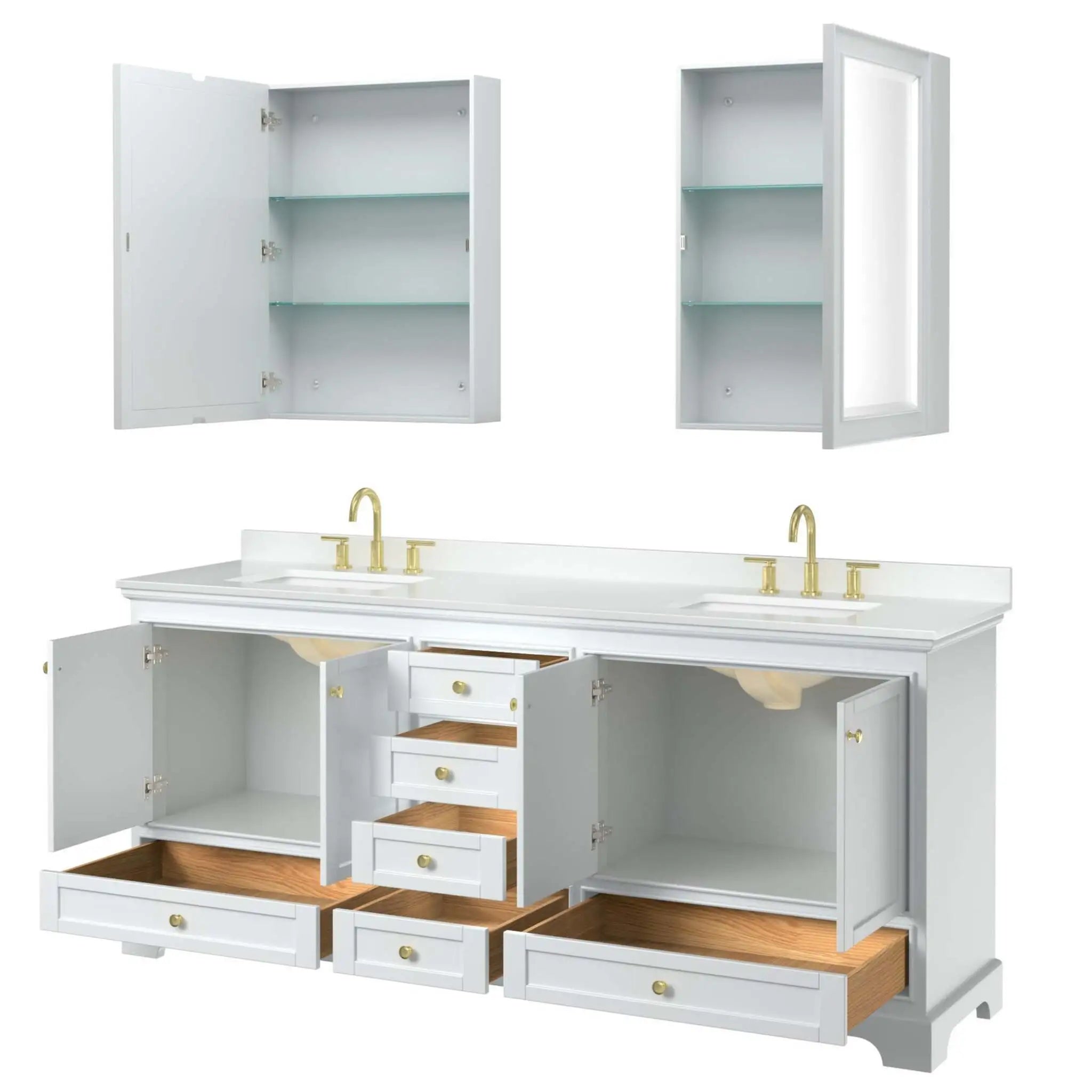 80" Deborah Double Bathroom Vanity in White with Brushed Gold Trim & Medicine Cabinet by Wyndham