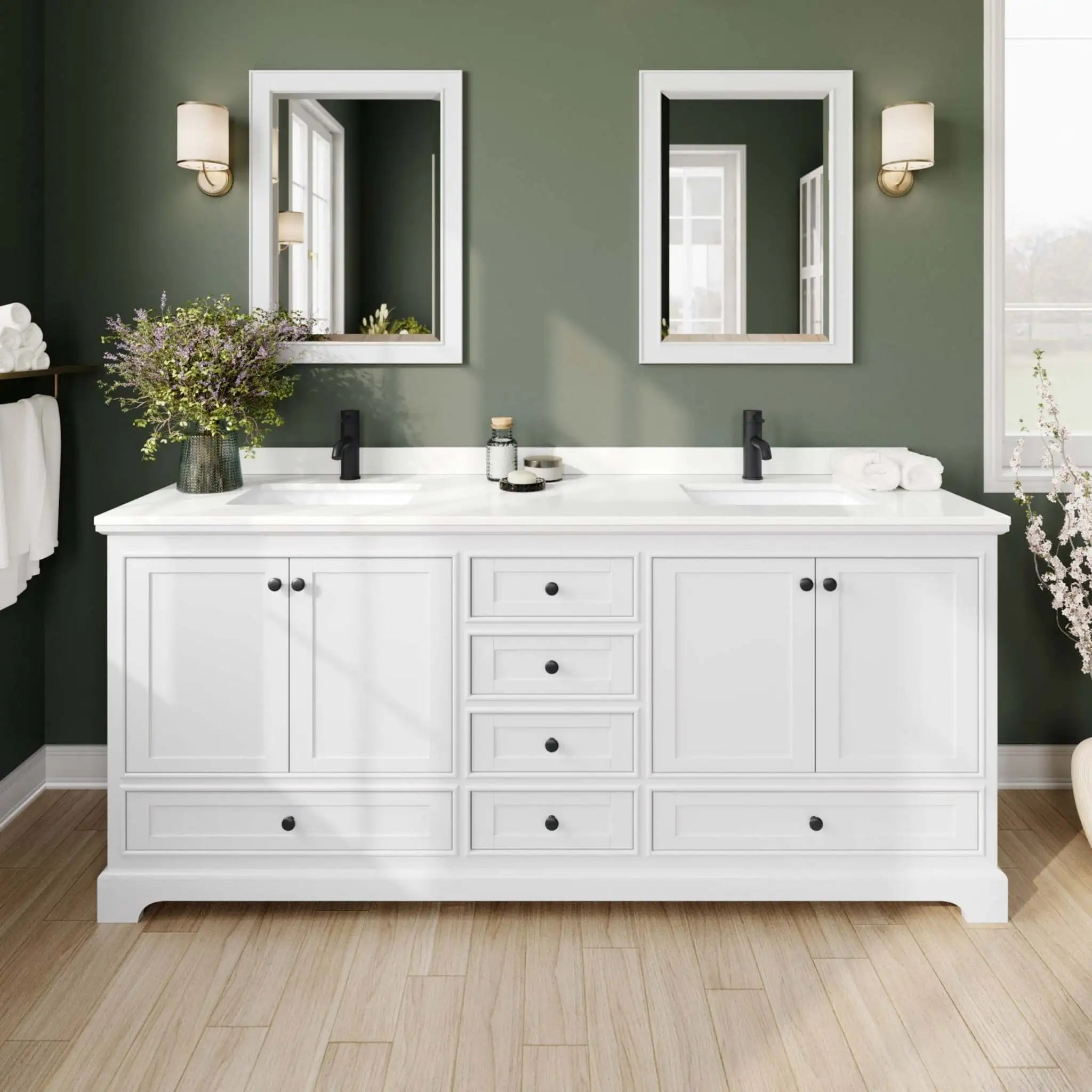 80" Deborah Double Bathroom Vanity in White with Matte Black Trim & 24" Mirror by Wyndham