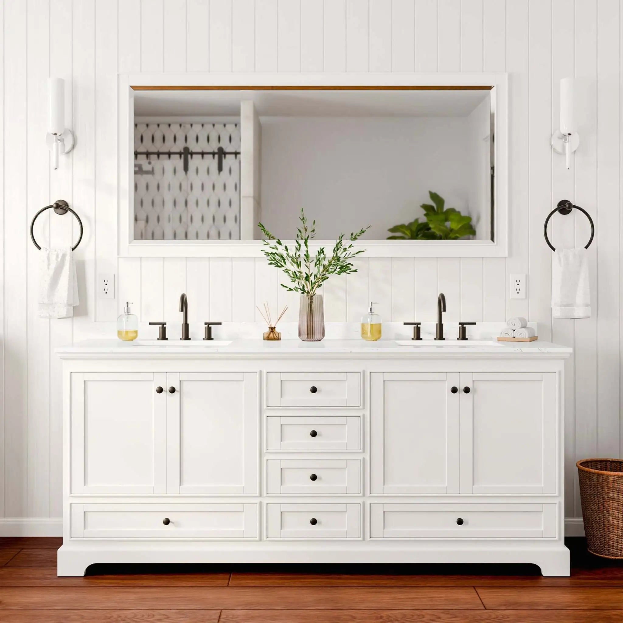 80" Deborah Double Bathroom Vanity in White with Matte Black Trim & 70" Mirror by Wyndham