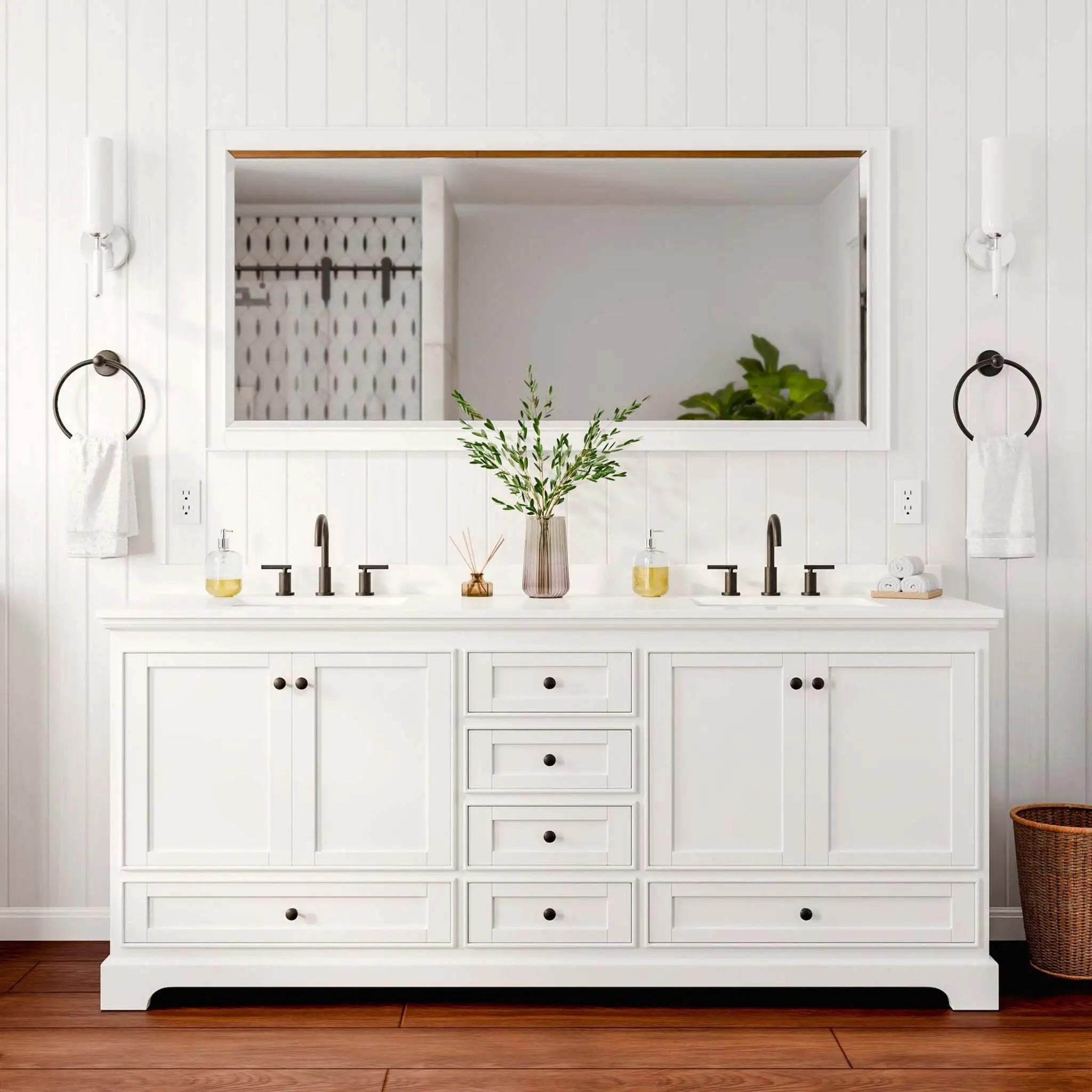 80" Deborah Double Bathroom Vanity in White with Matte Black Trim & 70" Mirror by Wyndham