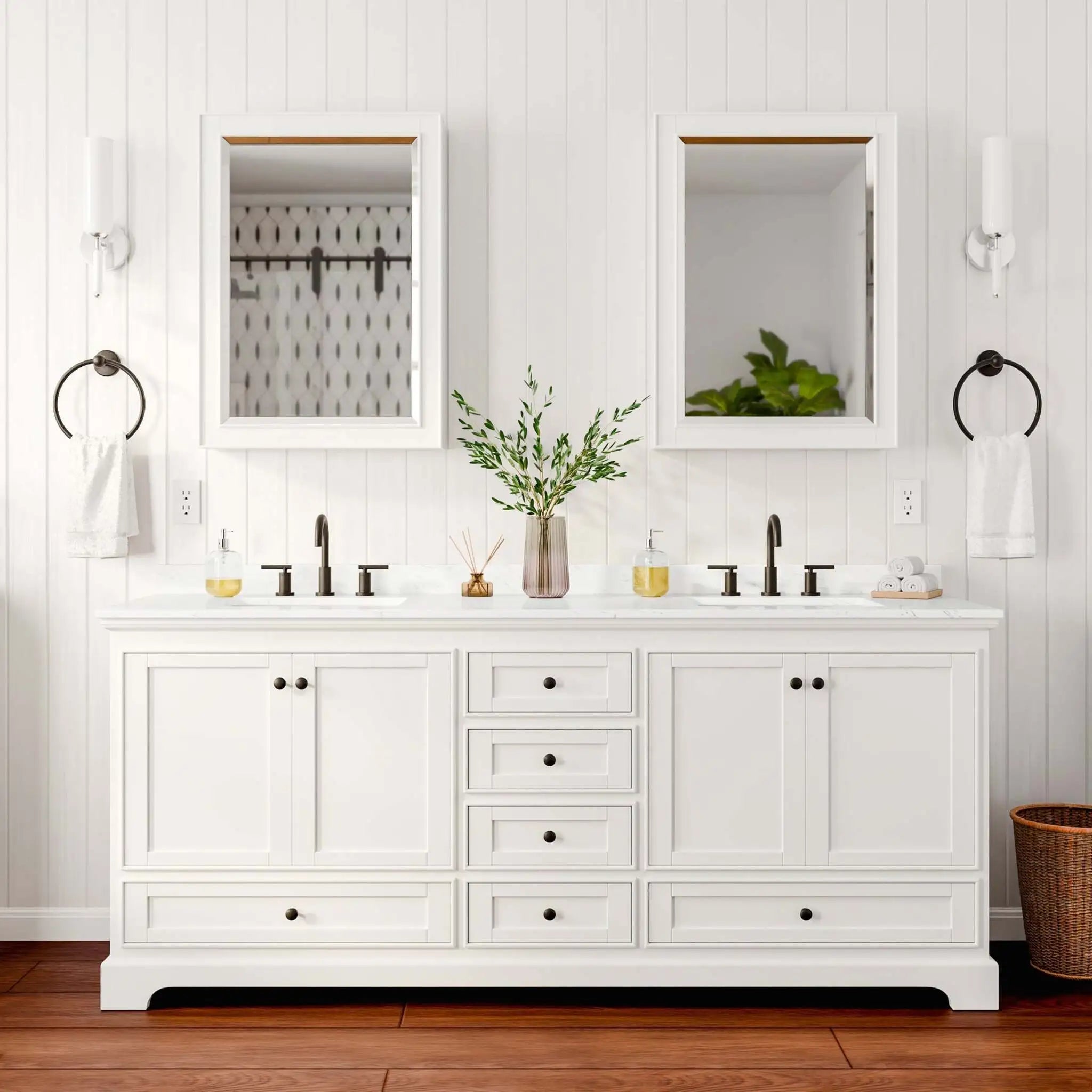 80" Deborah Double Bathroom Vanity in White with Matte Black Trim & Medicine Cabinet by Wyndham