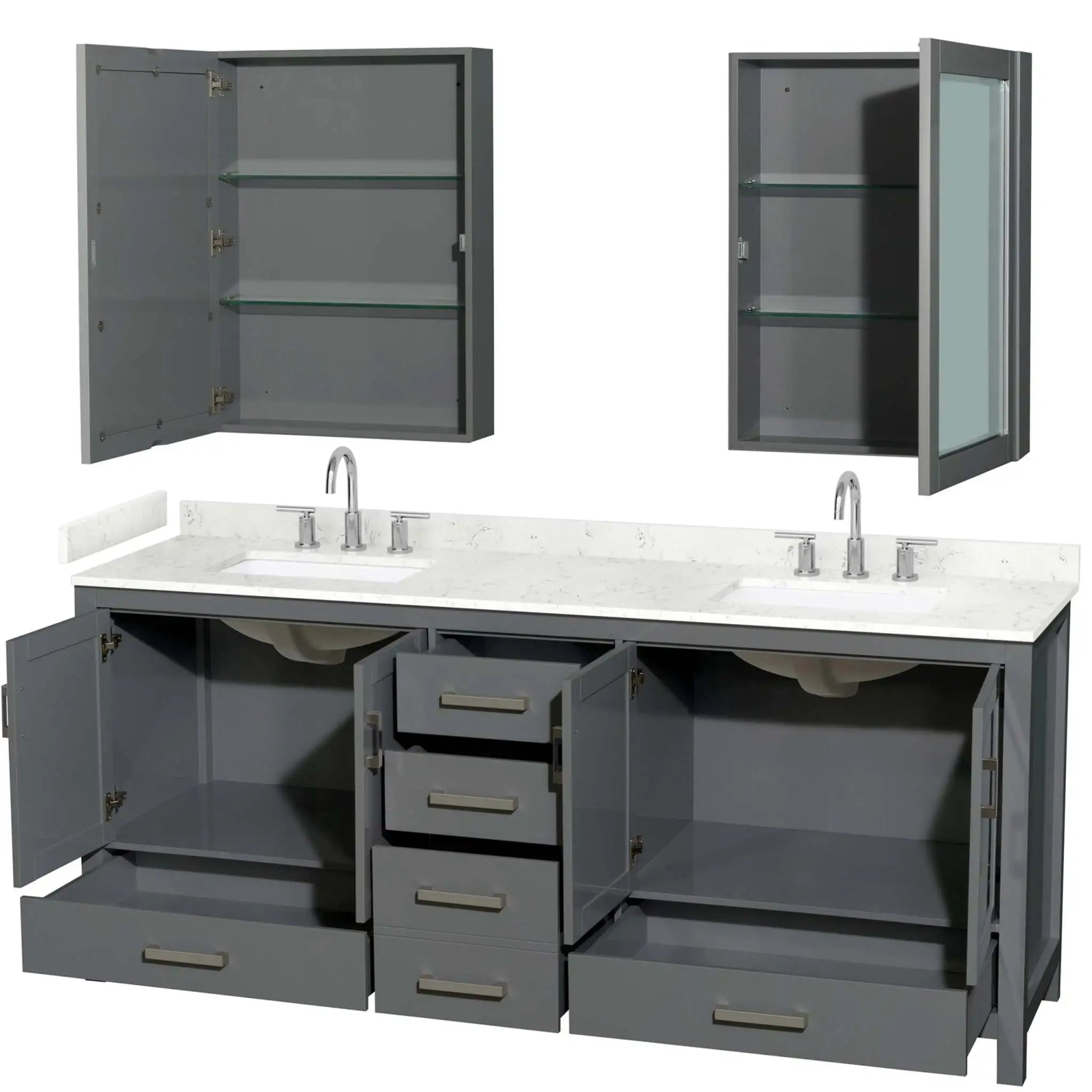 80" Sheffield Double Bathroom Vanity in Dark Gray with Brushed Chrome Trim & Medicine Cabinet by Wyndham