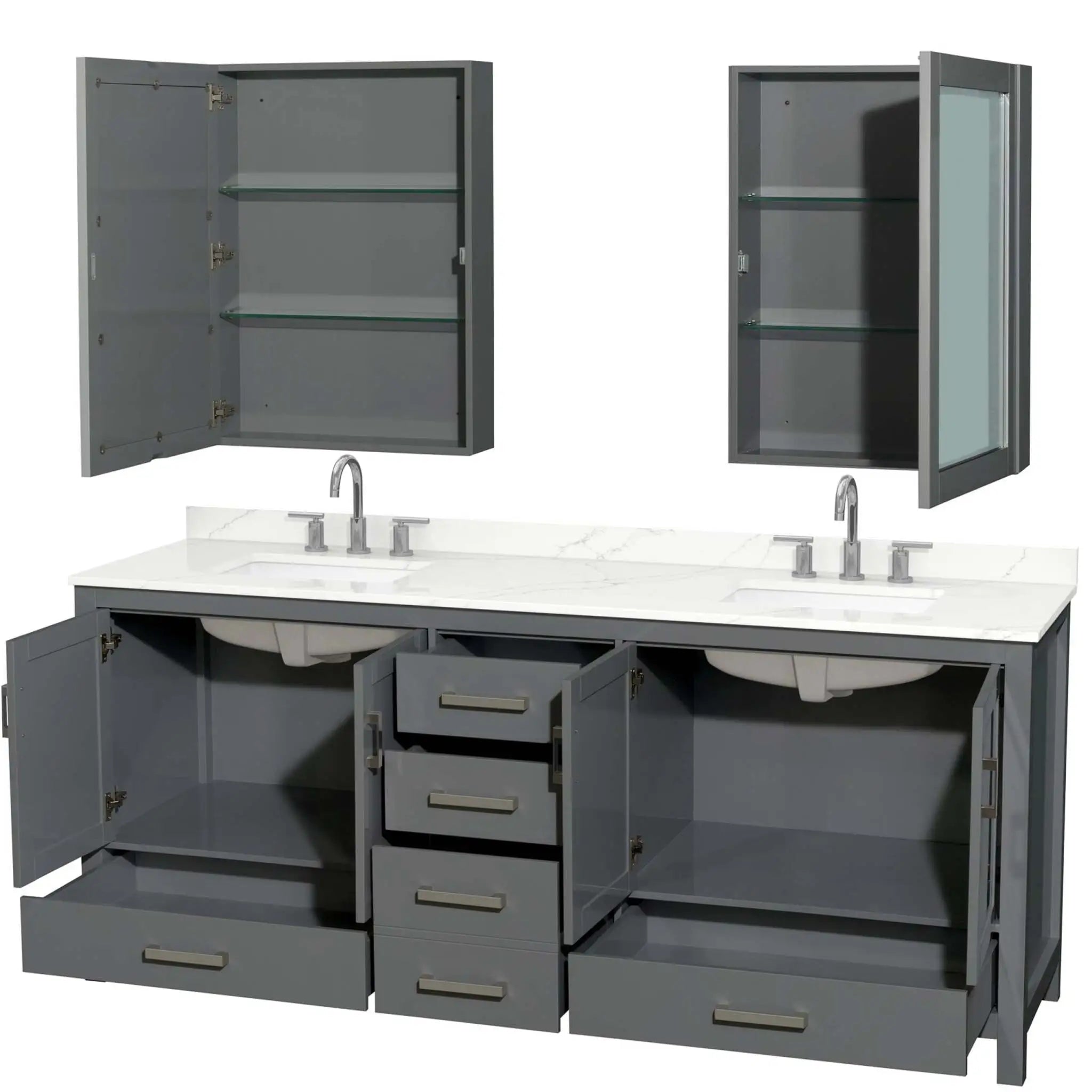80" Sheffield Double Bathroom Vanity in Dark Gray with Brushed Chrome Trim & Medicine Cabinet by Wyndham