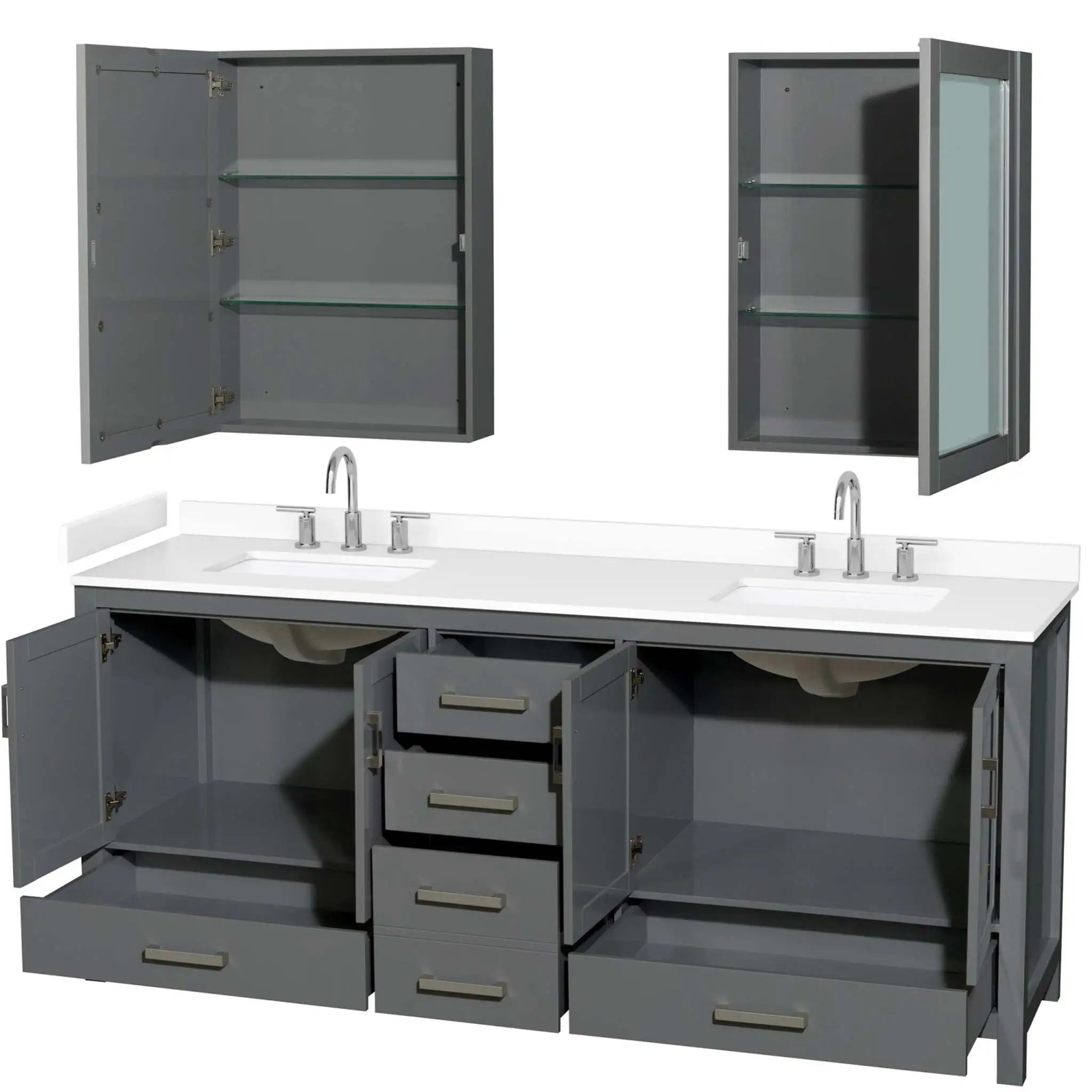 80" Sheffield Double Bathroom Vanity in Dark Gray with Brushed Chrome Trim & Medicine Cabinet by Wyndham