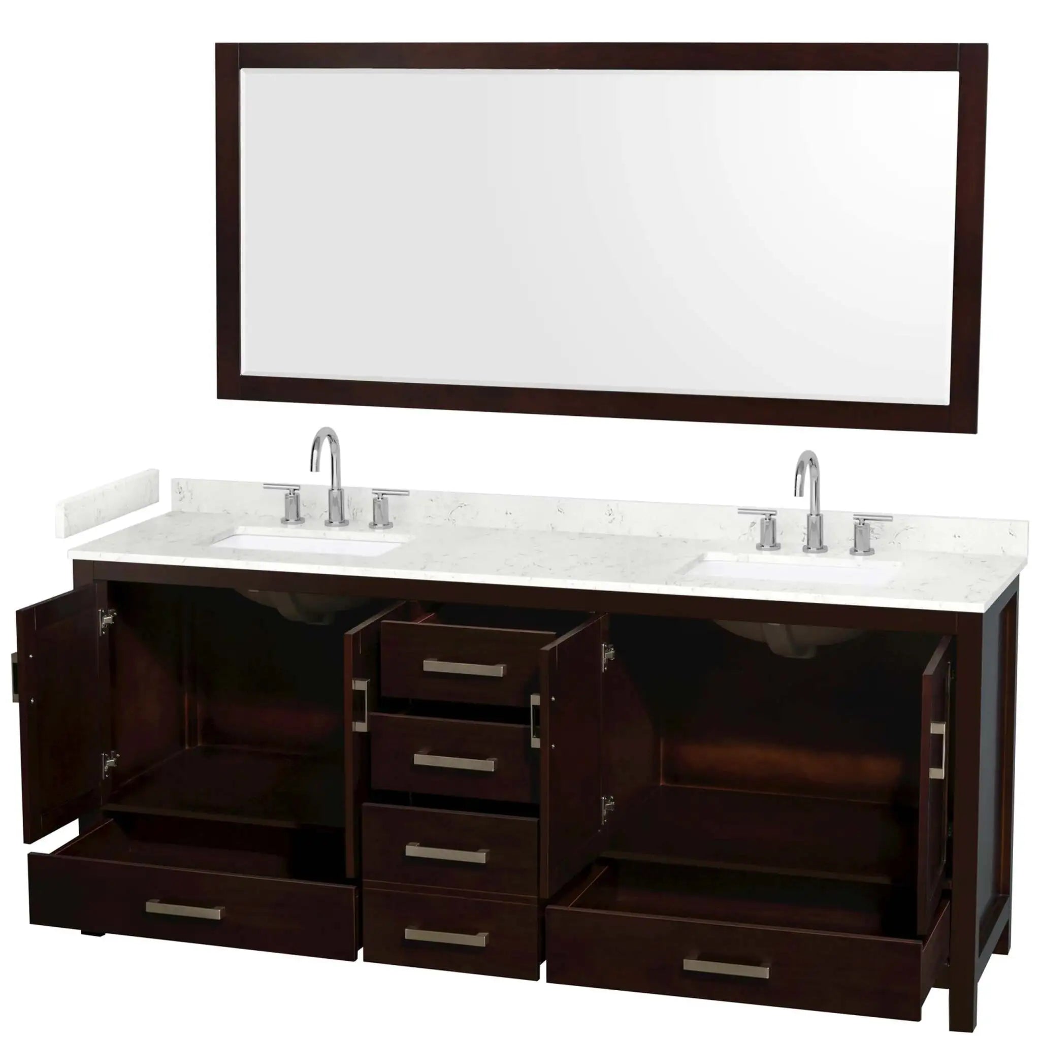 80" Sheffield Double Bathroom Vanity in Espresso with Brushed Chrome Trim & 70" Mirror by Wyndham