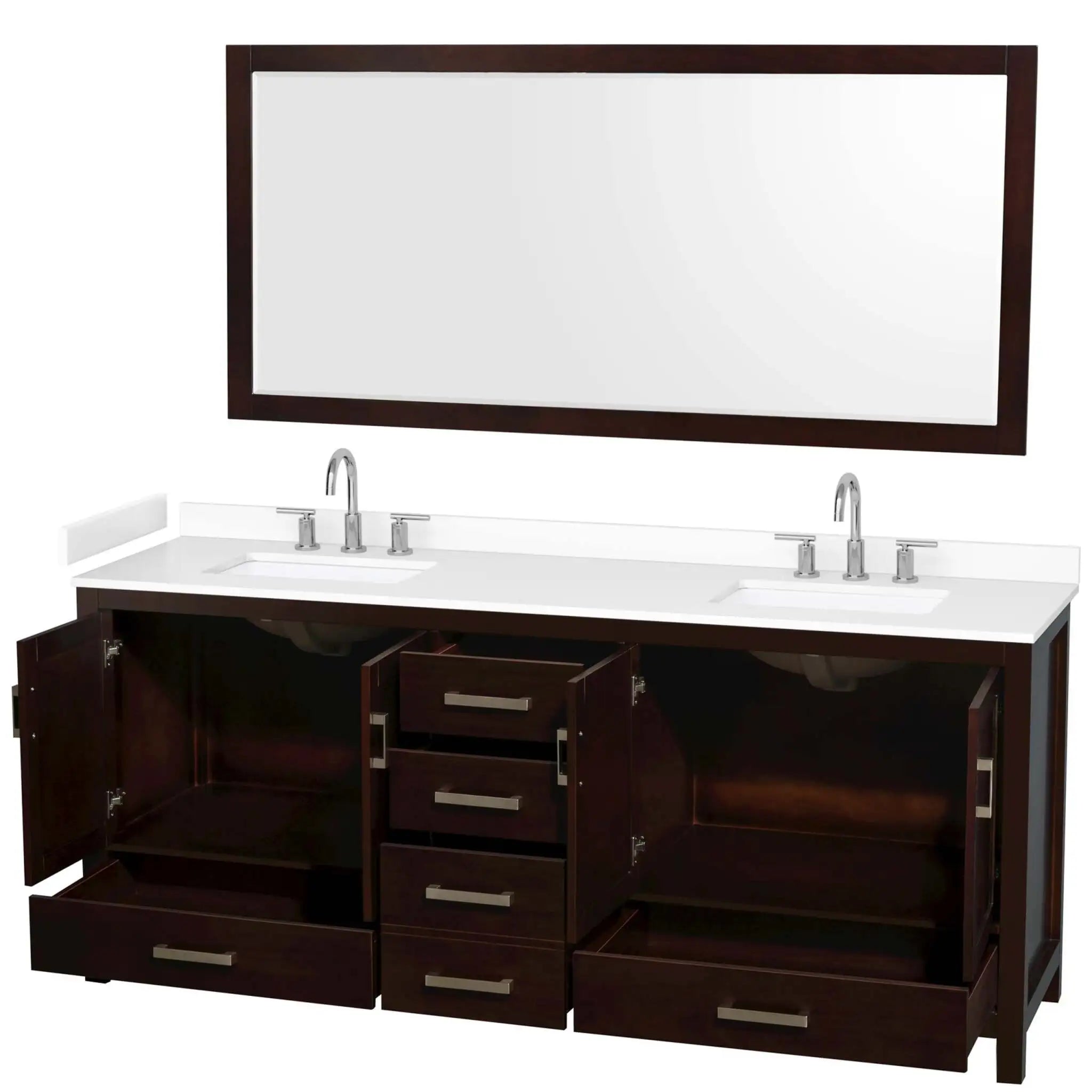 80" Sheffield Double Bathroom Vanity in Espresso with Brushed Chrome Trim & 70" Mirror by Wyndham