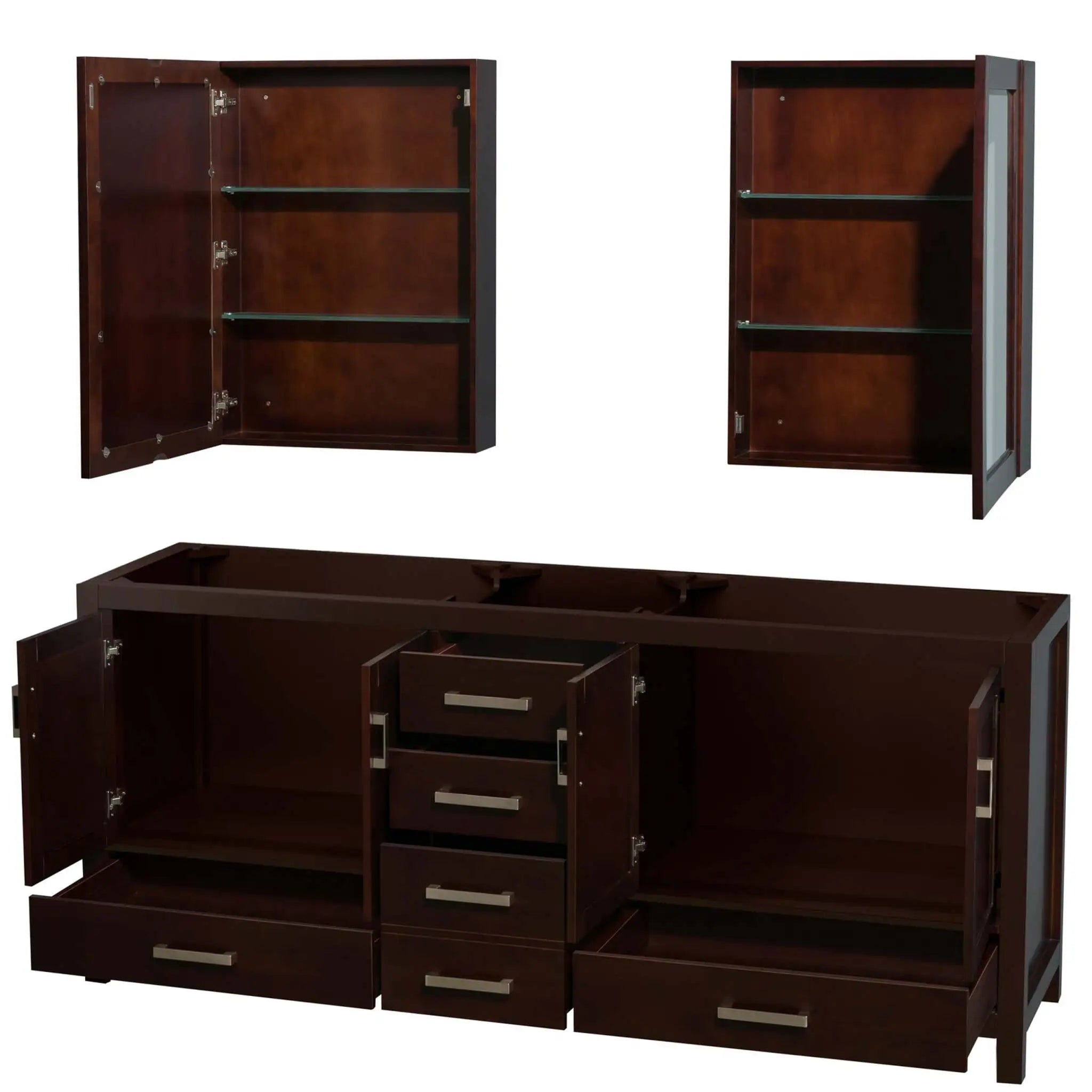 80" Sheffield Double Bathroom Vanity in Espresso with Brushed Chrome Trim & Medicine Cabinet by Wyndham