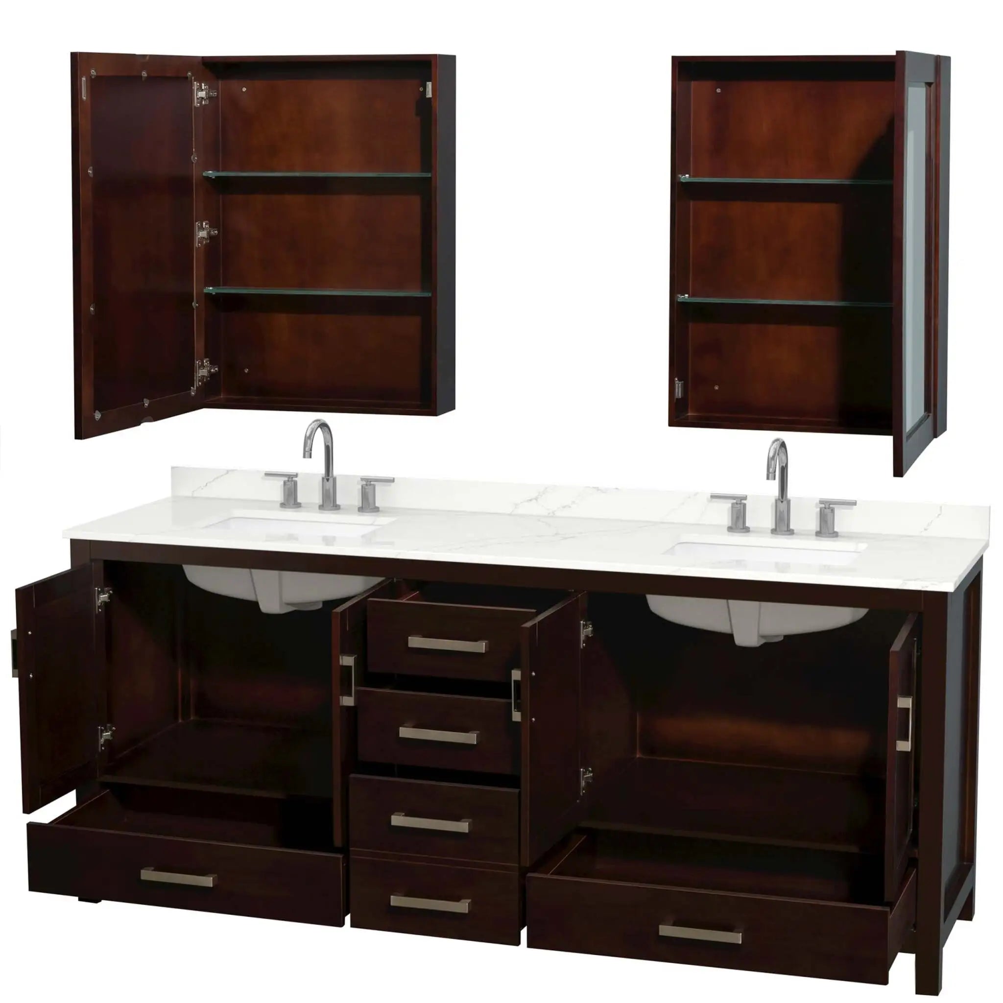 80" Sheffield Double Bathroom Vanity in Espresso with Brushed Chrome Trim & Medicine Cabinet by Wyndham