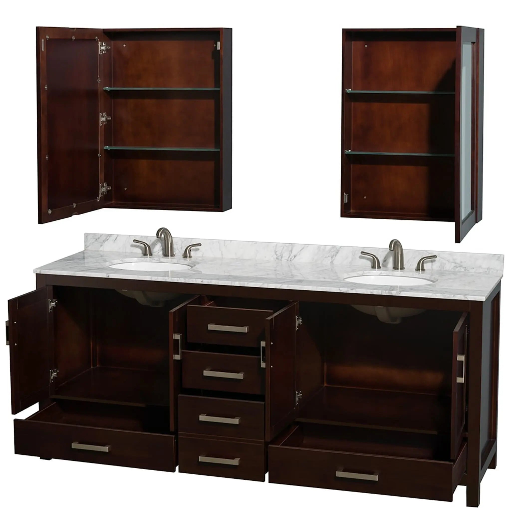 80" Sheffield Double Bathroom Vanity in Espresso with Brushed Chrome Trim & Medicine Cabinet by Wyndham