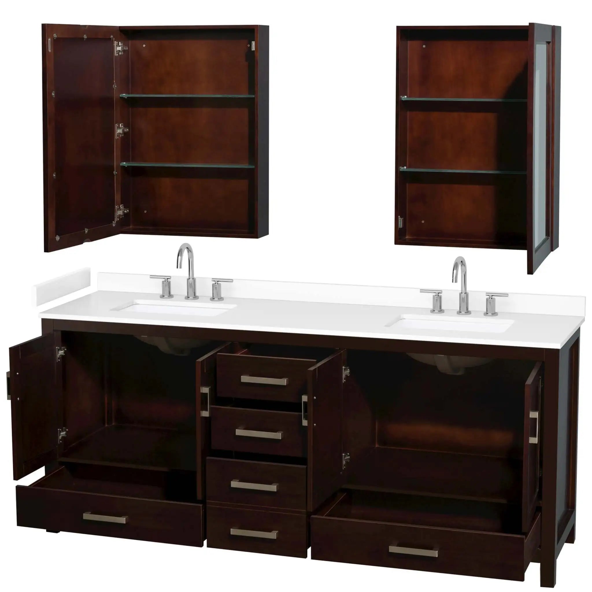 80" Sheffield Double Bathroom Vanity in Espresso with Brushed Chrome Trim & Medicine Cabinet by Wyndham