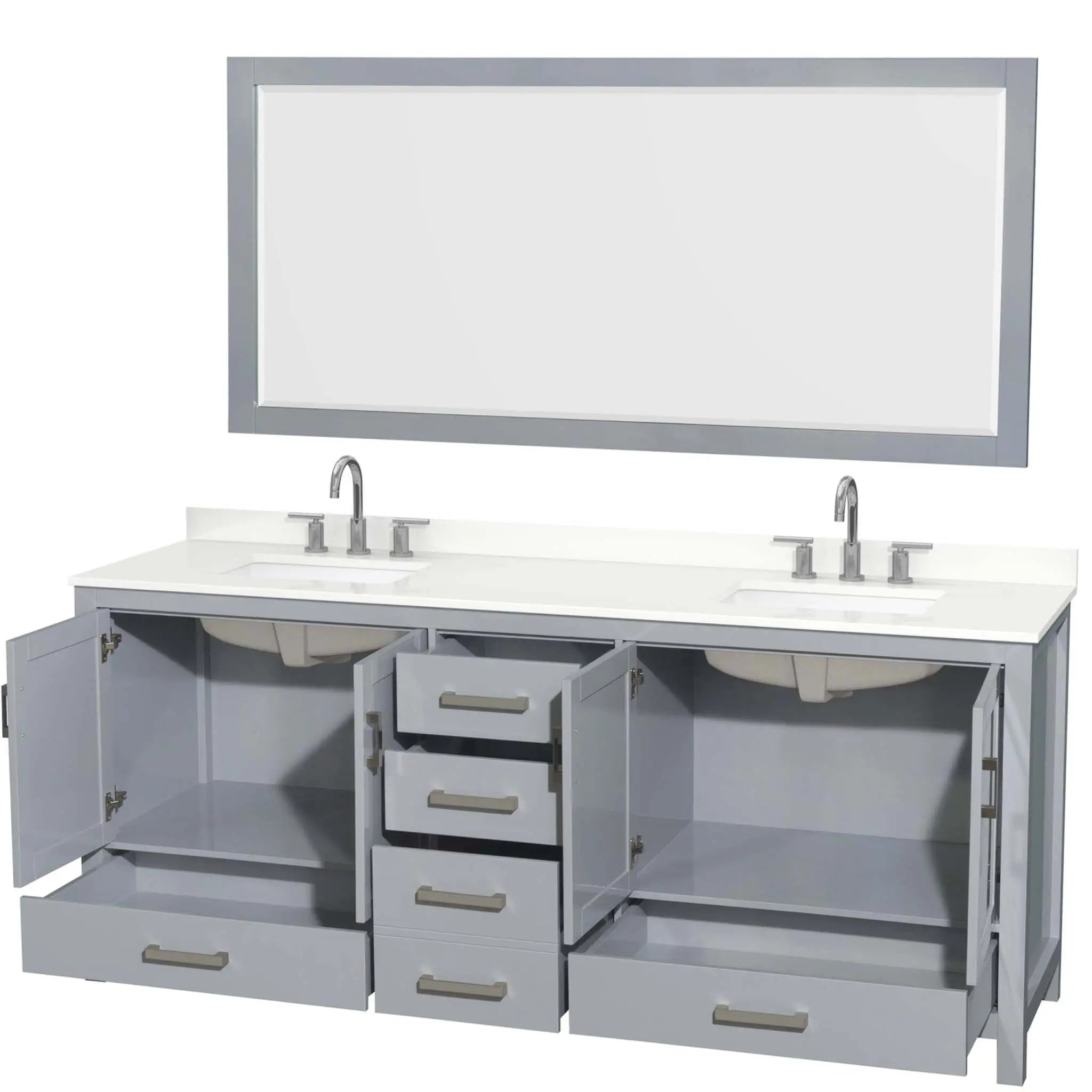 80" Sheffield Double Bathroom Vanity in Gray with Brushed Chrome Trim & 70" Mirror by Wyndham
