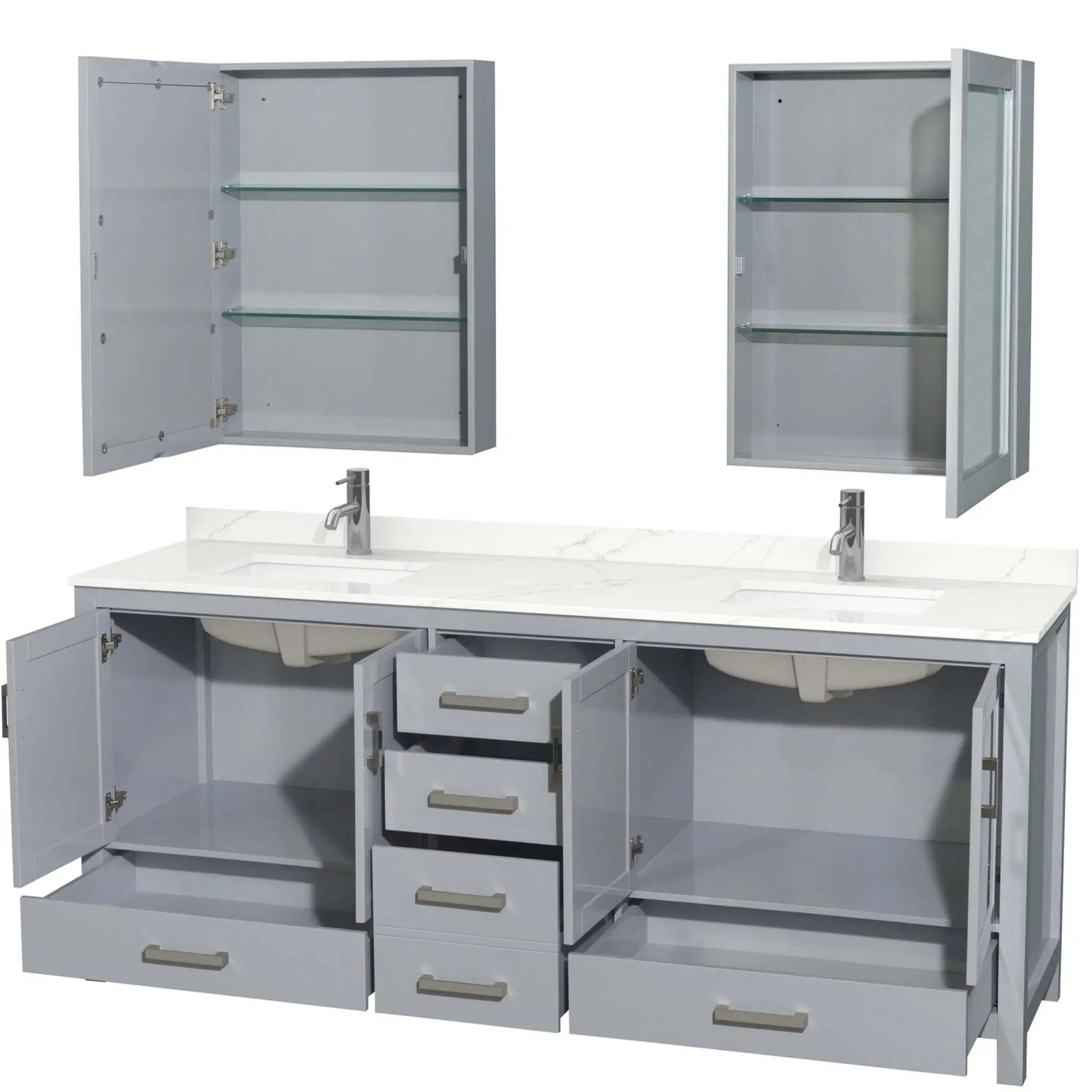 80" Sheffield Double Bathroom Vanity in Gray with Brushed Chrome Trim & Medicine Cabinet by Wyndham