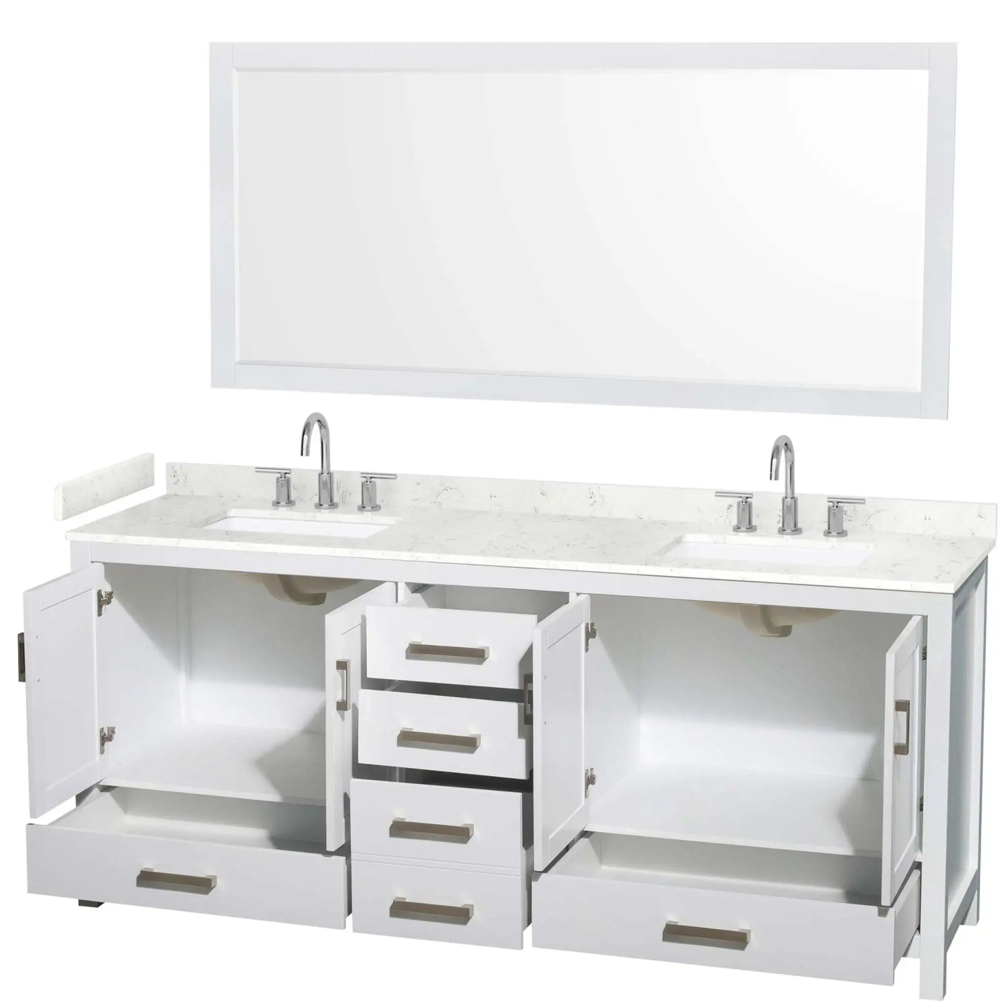 80" Sheffield Double Bathroom Vanity in White with Brushed Chrome Trim & 70" Mirror by Wyndham