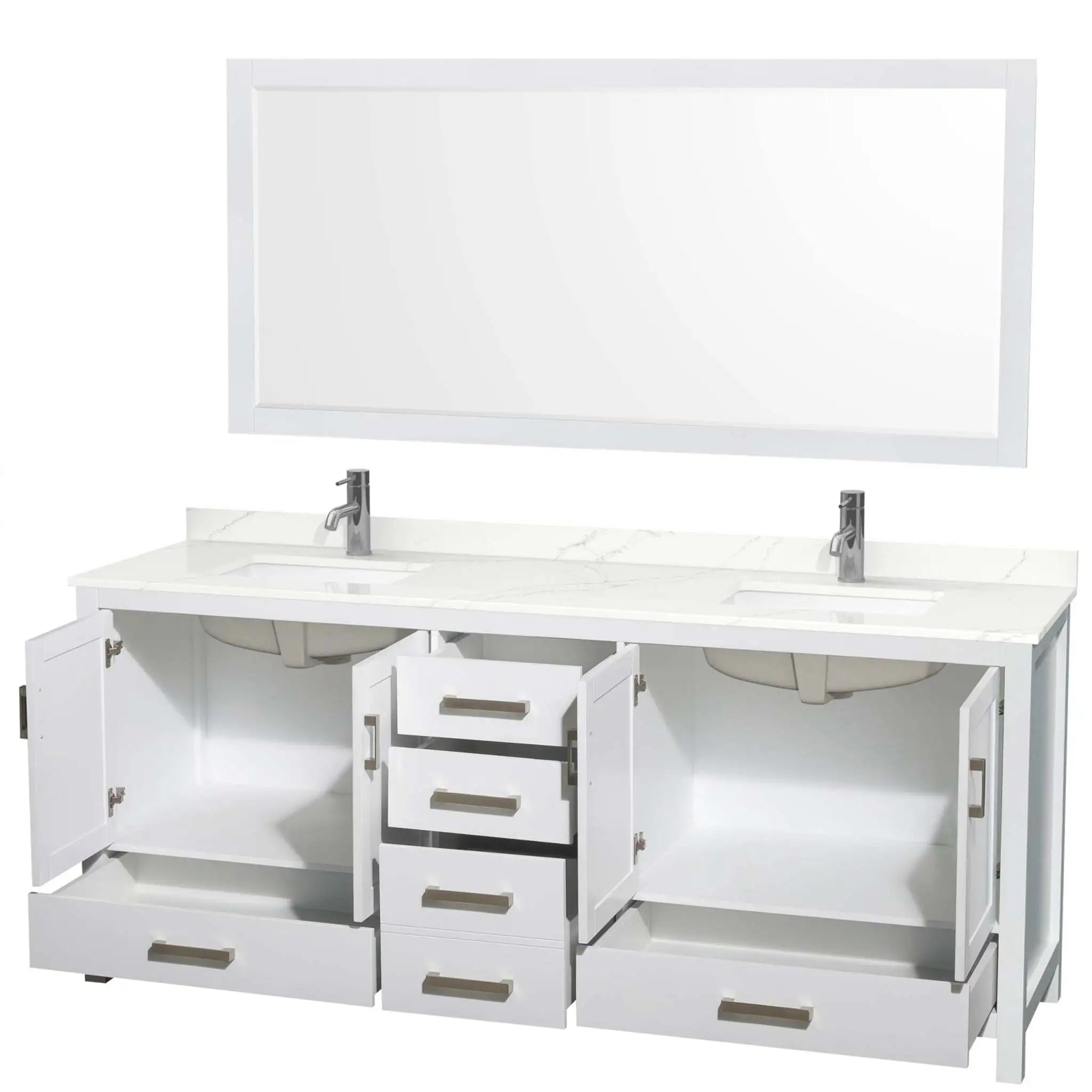80" Sheffield Double Bathroom Vanity in White with Brushed Chrome Trim & 70" Mirror by Wyndham