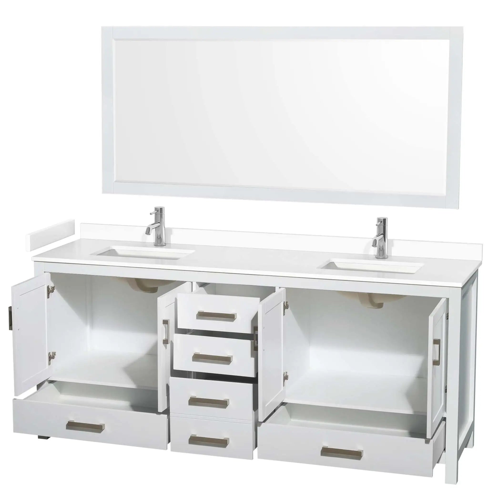 80" Sheffield Double Bathroom Vanity in White with Brushed Chrome Trim & 70" Mirror by Wyndham