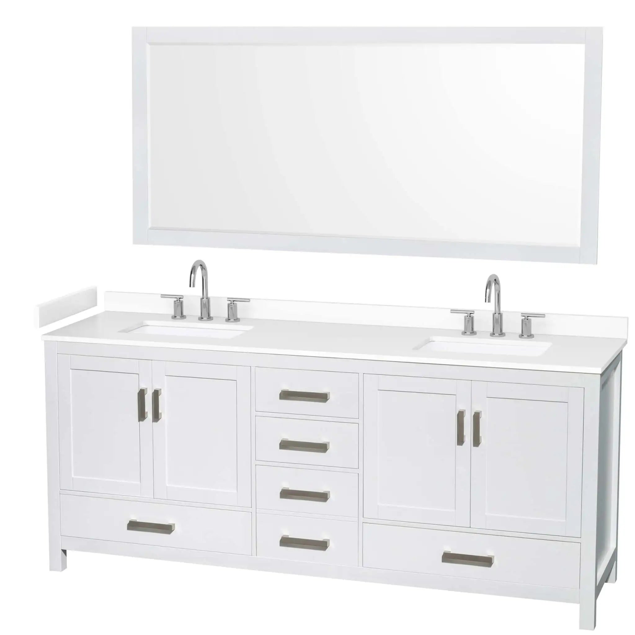 80" Sheffield Double Bathroom Vanity in White with Brushed Chrome Trim & 70" Mirror by Wyndham
