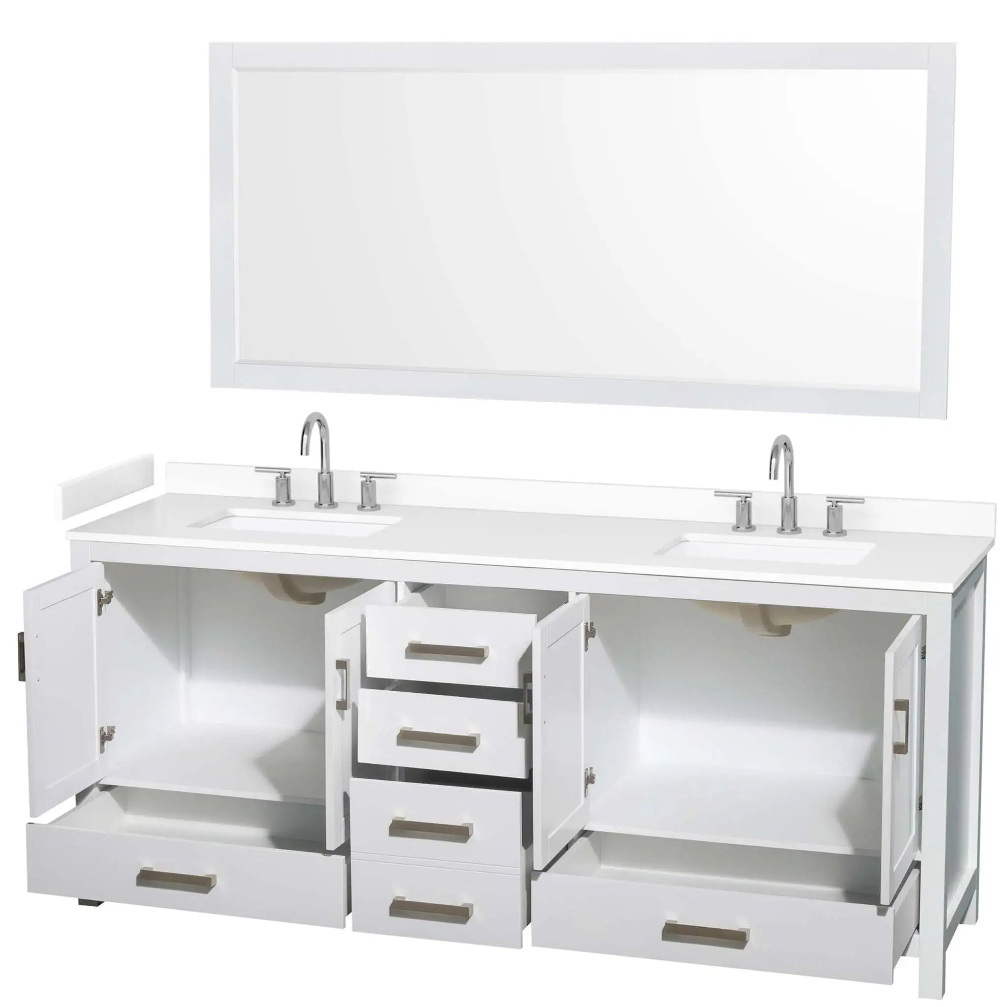 80" Sheffield Double Bathroom Vanity in White with Brushed Chrome Trim & 70" Mirror by Wyndham